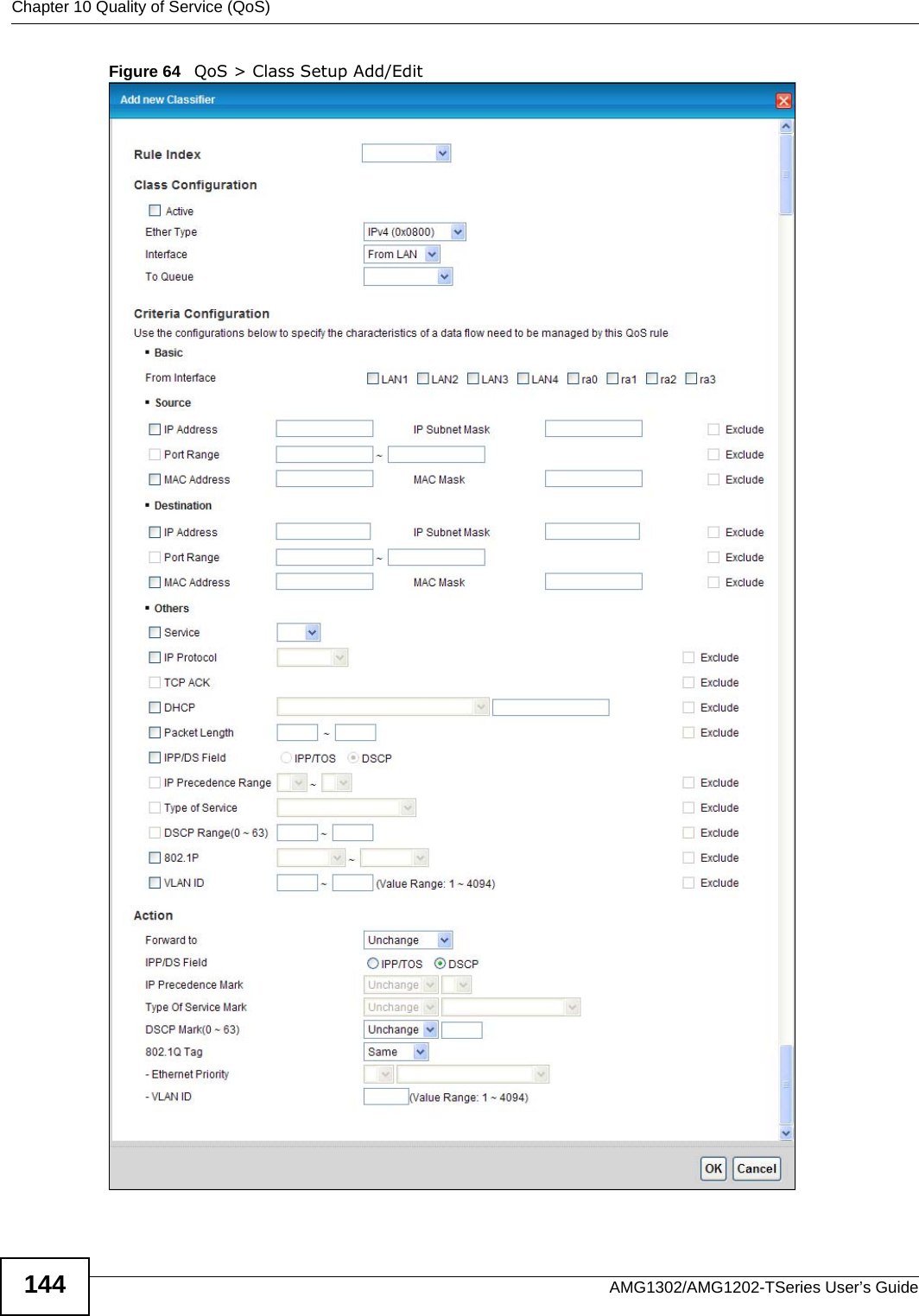 Chapter 10 Quality of Service (QoS)AMG1302/AMG1202-TSeries User’s Guide144Figure 64   QoS &gt; Class Setup Add/Edit