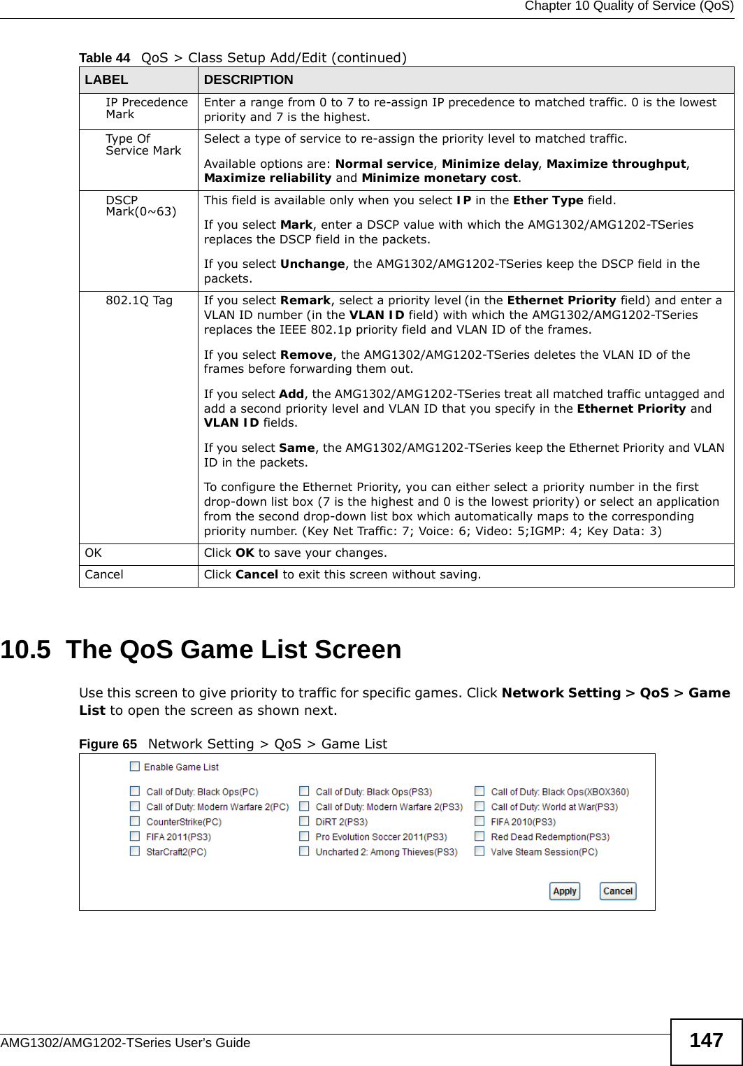  Chapter 10 Quality of Service (QoS)AMG1302/AMG1202-TSeries User’s Guide 14710.5  The QoS Game List Screen Use this screen to give priority to traffic for specific games. Click Network Setting &gt; QoS &gt; Game List to open the screen as shown next.Figure 65   Network Setting &gt; QoS &gt; Game ListIP Precedence Mark Enter a range from 0 to 7 to re-assign IP precedence to matched traffic. 0 is the lowest priority and 7 is the highest.Type Of Service Mark Select a type of service to re-assign the priority level to matched traffic.Available options are: Normal service, Minimize delay, Maximize throughput, Maximize reliability and Minimize monetary cost.DSCP Mark(0~63) This field is available only when you select IP in the Ether Type field.If you select Mark, enter a DSCP value with which the AMG1302/AMG1202-TSeries replaces the DSCP field in the packets.If you select Unchange, the AMG1302/AMG1202-TSeries keep the DSCP field in the packets.802.1Q Tag If you select Remark, select a priority level (in the Ethernet Priority field) and enter a VLAN ID number (in the VLAN ID field) with which the AMG1302/AMG1202-TSeries replaces the IEEE 802.1p priority field and VLAN ID of the frames.If you select Remove, the AMG1302/AMG1202-TSeries deletes the VLAN ID of the frames before forwarding them out.If you select Add, the AMG1302/AMG1202-TSeries treat all matched traffic untagged and add a second priority level and VLAN ID that you specify in the Ethernet Priority and VLAN ID fields.If you select Same, the AMG1302/AMG1202-TSeries keep the Ethernet Priority and VLAN ID in the packets.To configure the Ethernet Priority, you can either select a priority number in the first drop-down list box (7 is the highest and 0 is the lowest priority) or select an application from the second drop-down list box which automatically maps to the corresponding priority number. (Key Net Traffic: 7; Voice: 6; Video: 5;IGMP: 4; Key Data: 3)OK Click OK to save your changes.Cancel Click Cancel to exit this screen without saving.Table 44   QoS &gt; Class Setup Add/Edit (continued)LABEL DESCRIPTION