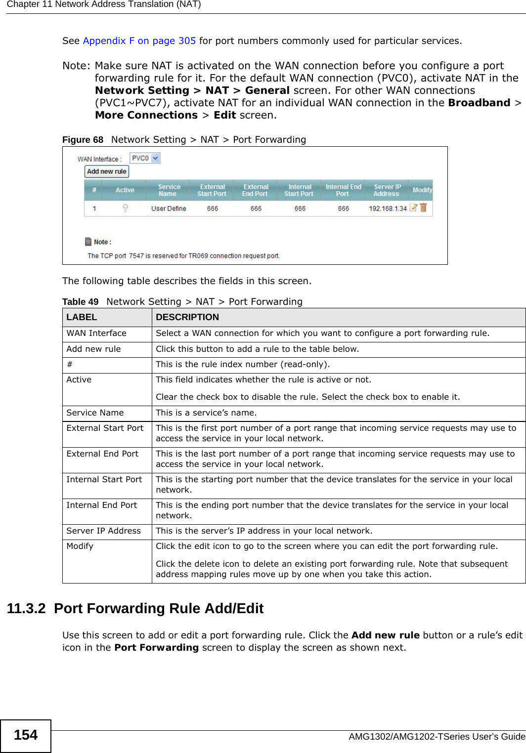 Chapter 11 Network Address Translation (NAT)AMG1302/AMG1202-TSeries User’s Guide154See Appendix F on page 305 for port numbers commonly used for particular services.Note: Make sure NAT is activated on the WAN connection before you configure a port forwarding rule for it. For the default WAN connection (PVC0), activate NAT in the Network Setting &gt; NAT &gt; General screen. For other WAN connections (PVC1~PVC7), activate NAT for an individual WAN connection in the Broadband &gt; More Connections &gt; Edit screen.Figure 68   Network Setting &gt; NAT &gt; Port ForwardingThe following table describes the fields in this screen.11.3.2  Port Forwarding Rule Add/EditUse this screen to add or edit a port forwarding rule. Click the Add new rule button or a rule’s edit icon in the Port Forwarding screen to display the screen as shown next.Table 49   Network Setting &gt; NAT &gt; Port ForwardingLABEL DESCRIPTIONWAN Interface Select a WAN connection for which you want to configure a port forwarding rule.Add new rule Click this button to add a rule to the table below.#This is the rule index number (read-only).Active This field indicates whether the rule is active or not.Clear the check box to disable the rule. Select the check box to enable it.Service Name This is a service’s name.External Start Port  This is the first port number of a port range that incoming service requests may use to access the service in your local network.External End Port  This is the last port number of a port range that incoming service requests may use to access the service in your local network.Internal Start Port This is the starting port number that the device translates for the service in your local network.Internal End Port This is the ending port number that the device translates for the service in your local network.Server IP Address This is the server’s IP address in your local network.Modify Click the edit icon to go to the screen where you can edit the port forwarding rule.Click the delete icon to delete an existing port forwarding rule. Note that subsequent address mapping rules move up by one when you take this action.