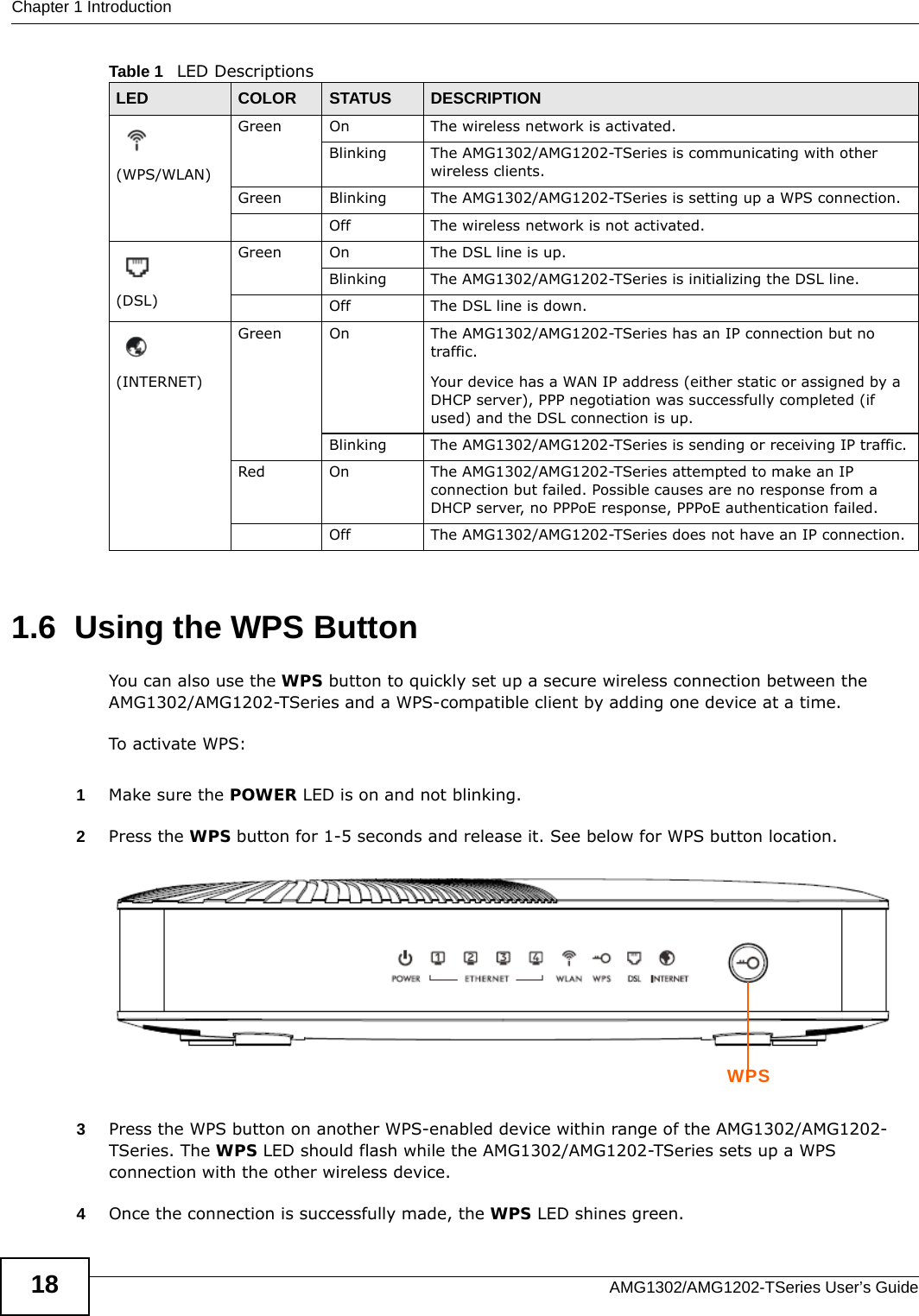 Chapter 1 IntroductionAMG1302/AMG1202-TSeries User’s Guide181.6  Using the WPS ButtonYou can also use the WPS button to quickly set up a secure wireless connection between theAMG1302/AMG1202-TSeries and a WPS-compatible client by adding one device at a time.To activate WPS:1Make sure the POWER LED is on and not blinking.2Press the WPS button for 1-5 seconds and release it. See below for WPS button location. 3Press the WPS button on another WPS-enabled device within range of the AMG1302/AMG1202-TSeries. The WPS LED should flash while the AMG1302/AMG1202-TSeries sets up a WPS connection with the other wireless device. 4Once the connection is successfully made, the WPS LED shines green.(WPS/WLAN)Green On The wireless network is activated.Blinking The AMG1302/AMG1202-TSeries is communicating with other wireless clients.Green Blinking The AMG1302/AMG1202-TSeries is setting up a WPS connection.Off The wireless network is not activated.(DSL)Green On The DSL line is up.Blinking The AMG1302/AMG1202-TSeries is initializing the DSL line.Off The DSL line is down.(INTERNET)Green On The AMG1302/AMG1202-TSeries has an IP connection but no traffic.Your device has a WAN IP address (either static or assigned by a DHCP server), PPP negotiation was successfully completed (if used) and the DSL connection is up.Blinking The AMG1302/AMG1202-TSeries is sending or receiving IP traffic.Red On The AMG1302/AMG1202-TSeries attempted to make an IP connection but failed. Possible causes are no response from a DHCP server, no PPPoE response, PPPoE authentication failed.Off The AMG1302/AMG1202-TSeries does not have an IP connection.Table 1   LED DescriptionsLED COLOR STATUS DESCRIPTIONWPS