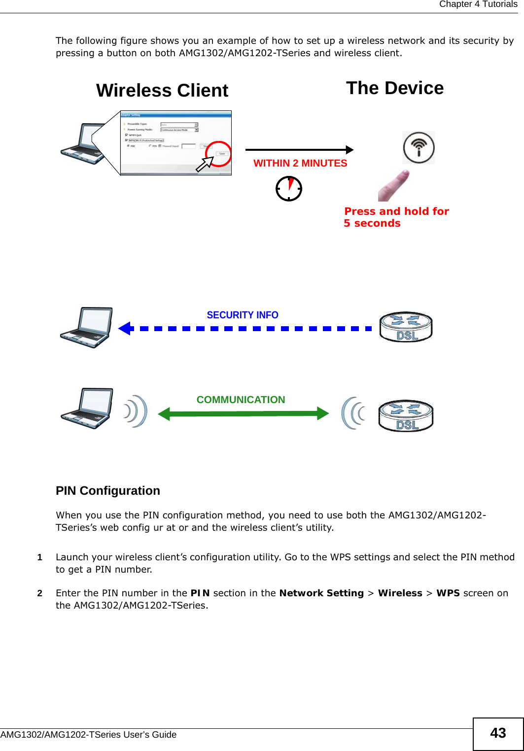  Chapter 4 TutorialsAMG1302/AMG1202-TSeries User’s Guide 43The following figure shows you an example of how to set up a wireless network and its security by pressing a button on both AMG1302/AMG1202-TSeries and wireless client.Example WPS Process: PBC MethodPIN ConfigurationWhen you use the PIN configuration method, you need to use both the AMG1302/AMG1202-TSeries’s web config ur at or and the wireless client’s utility.1Launch your wireless client’s configuration utility. Go to the WPS settings and select the PIN method to get a PIN number.   2Enter the PIN number in the PIN section in the Network Setting &gt; Wireless &gt; WPS screen on the AMG1302/AMG1202-TSeries. Wireless Client The DeviceSECURITY INFOCOMMUNICATIONWITHIN 2 MINUTESPress and hold for   5 seconds