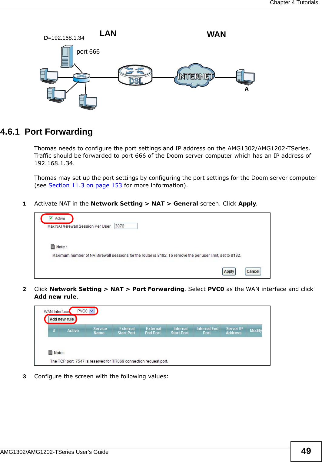  Chapter 4 TutorialsAMG1302/AMG1202-TSeries User’s Guide 49Tutorial: NAT Port Forwarding Setup 4.6.1  Port ForwardingThomas needs to configure the port settings and IP address on the AMG1302/AMG1202-TSeries. Traffic should be forwarded to port 666 of the Doom server computer which has an IP address of 192.168.1.34.Thomas may set up the port settings by configuring the port settings for the Doom server computer (see Section 11.3 on page 153 for more information).1Activate NAT in the Network Setting &gt; NAT &gt; General screen. Click Apply.2Click Network Setting &gt; NAT &gt; Port Forwarding. Select PVC0 as the WAN interface and click Add new rule.3Configure the screen with the following values:D=192.168.1.34 WANLANport 666A