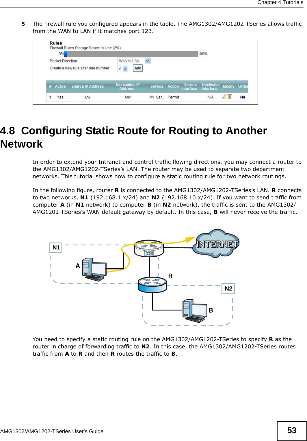  Chapter 4 TutorialsAMG1302/AMG1202-TSeries User’s Guide 535The firewall rule you configured appears in the table. The AMG1302/AMG1202-TSeries allows traffic from the WAN to LAN if it matches port 123. 4.8  Configuring Static Route for Routing to Another NetworkIn order to extend your Intranet and control traffic flowing directions, you may connect a router to the AMG1302/AMG1202-TSeries’s LAN. The router may be used to separate two department networks. This tutorial shows how to configure a static routing rule for two network routings.In the following figure, router R is connected to the AMG1302/AMG1202-TSeries’s LAN. R connects to two networks, N1 (192.168.1.x/24) and N2 (192.168.10.x/24). If you want to send traffic from computer A (in N1 network) to computer B (in N2 network), the traffic is sent to the AMG1302/AMG1202-TSeries’s WAN default gateway by default. In this case, B will never receive the traffic.You need to specify a static routing rule on the AMG1302/AMG1202-TSeries to specify R as the router in charge of forwarding traffic to N2. In this case, the AMG1302/AMG1202-TSeries routes traffic from A to R and then R routes the traffic to B.N2BN1AR