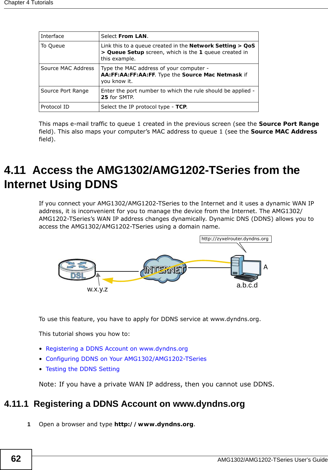 Chapter 4 TutorialsAMG1302/AMG1202-TSeries User’s Guide62This maps e-mail traffic to queue 1 created in the previous screen (see the Source Port Range field). This also maps your computer’s MAC address to queue 1 (see the Source MAC Address field). 4.11  Access the AMG1302/AMG1202-TSeries from the Internet Using DDNS If you connect your AMG1302/AMG1202-TSeries to the Internet and it uses a dynamic WAN IP address, it is inconvenient for you to manage the device from the Internet. The AMG1302/AMG1202-TSeries’s WAN IP address changes dynamically. Dynamic DNS (DDNS) allows you to access the AMG1302/AMG1202-TSeries using a domain name. To use this feature, you have to apply for DDNS service at www.dyndns.org.This tutorial shows you how to:•Registering a DDNS Account on www.dyndns.org•Configuring DDNS on Your AMG1302/AMG1202-TSeries•Testing the DDNS SettingNote: If you have a private WAN IP address, then you cannot use DDNS.4.11.1  Registering a DDNS Account on www.dyndns.org1Open a browser and type http://www.dyndns.org.Interface Select From LAN.To Queue Link this to a queue created in the Network Setting &gt; QoS &gt; Queue Setup screen, which is the 1 queue created in this example.Source MAC Address Type the MAC address of your computer - AA:FF:AA:FF:AA:FF. Type the Source Mac Netmask if you know it.Source Port Range Enter the port number to which the rule should be applied - 25 for SMTP.Protocol ID Select the IP protocol type - TCP.w.x.y.z a.b.c.dhttp://zyxelrouter.dyndns.orgA