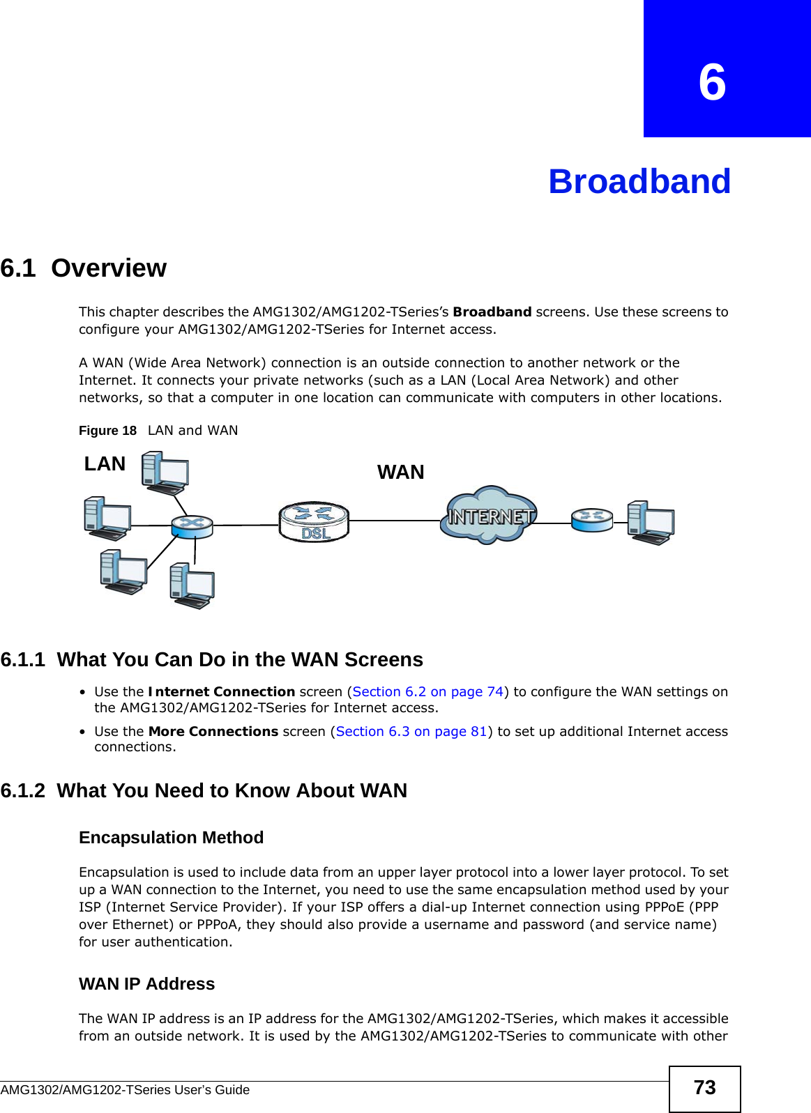 AMG1302/AMG1202-TSeries User’s Guide 73CHAPTER   6Broadband6.1  OverviewThis chapter describes the AMG1302/AMG1202-TSeries’s Broadband screens. Use these screens to configure your AMG1302/AMG1202-TSeries for Internet access.A WAN (Wide Area Network) connection is an outside connection to another network or the Internet. It connects your private networks (such as a LAN (Local Area Network) and other networks, so that a computer in one location can communicate with computers in other locations.Figure 18   LAN and WAN6.1.1  What You Can Do in the WAN Screens•Use the Internet Connection screen (Section 6.2 on page 74) to configure the WAN settings on the AMG1302/AMG1202-TSeries for Internet access.•Use the More Connections screen (Section 6.3 on page 81) to set up additional Internet access connections.6.1.2  What You Need to Know About WANEncapsulation MethodEncapsulation is used to include data from an upper layer protocol into a lower layer protocol. To set up a WAN connection to the Internet, you need to use the same encapsulation method used by your ISP (Internet Service Provider). If your ISP offers a dial-up Internet connection using PPPoE (PPP over Ethernet) or PPPoA, they should also provide a username and password (and service name) for user authentication.WAN IP AddressThe WAN IP address is an IP address for the AMG1302/AMG1202-TSeries, which makes it accessible from an outside network. It is used by the AMG1302/AMG1202-TSeries to communicate with other WANLAN