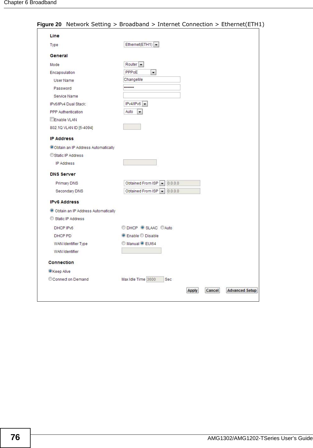 Chapter 6 BroadbandAMG1302/AMG1202-TSeries User’s Guide76Figure 20   Network Setting &gt; Broadband &gt; Internet Connection &gt; Ethernet(ETH1)