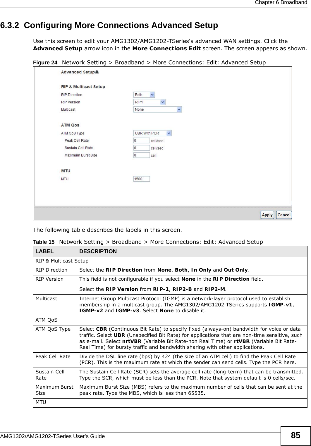  Chapter 6 BroadbandAMG1302/AMG1202-TSeries User’s Guide 856.3.2  Configuring More Connections Advanced Setup Use this screen to edit your AMG1302/AMG1202-TSeries&apos;s advanced WAN settings. Click the Advanced Setup arrow icon in the More Connections Edit screen. The screen appears as shown.Figure 24   Network Setting &gt; Broadband &gt; More Connections: Edit: Advanced SetupThe following table describes the labels in this screen.  Table 15   Network Setting &gt; Broadband &gt; More Connections: Edit: Advanced SetupLABEL DESCRIPTIONRIP &amp; Multicast SetupRIP Direction Select the RIP Direction from None, Both, In Only and Out Only.RIP Version This field is not configurable if you select None in the RIP Direction field.Select the RIP Version from RIP-1, RIP2-B and RIP2-M. Multicast Internet Group Multicast Protocol (IGMP) is a network-layer protocol used to establish membership in a multicast group. The AMG1302/AMG1202-TSeries supports IGMP-v1, IGMP-v2 and IGMP-v3. Select None to disable it.ATM QoSATM QoS Type Select CBR (Continuous Bit Rate) to specify fixed (always-on) bandwidth for voice or data traffic. Select UBR (Unspecified Bit Rate) for applications that are non-time sensitive, such as e-mail. Select nrtVBR (Variable Bit Rate-non Real Time) or rtVBR (Variable Bit Rate-Real Time) for bursty traffic and bandwidth sharing with other applications. Peak Cell Rate Divide the DSL line rate (bps) by 424 (the size of an ATM cell) to find the Peak Cell Rate (PCR). This is the maximum rate at which the sender can send cells. Type the PCR here.Sustain Cell RateThe Sustain Cell Rate (SCR) sets the average cell rate (long-term) that can be transmitted. Type the SCR, which must be less than the PCR. Note that system default is 0 cells/sec. Maximum Burst SizeMaximum Burst Size (MBS) refers to the maximum number of cells that can be sent at the peak rate. Type the MBS, which is less than 65535. MTU