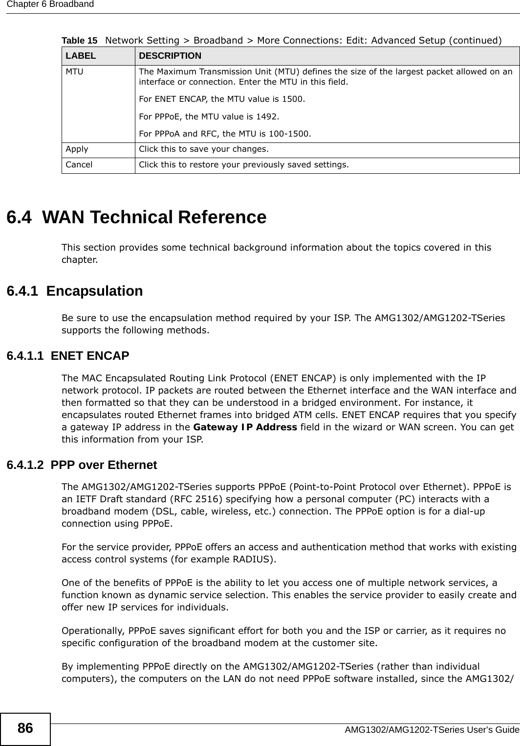 Chapter 6 BroadbandAMG1302/AMG1202-TSeries User’s Guide866.4  WAN Technical ReferenceThis section provides some technical background information about the topics covered in this chapter.6.4.1  EncapsulationBe sure to use the encapsulation method required by your ISP. The AMG1302/AMG1202-TSeries supports the following methods.6.4.1.1  ENET ENCAPThe MAC Encapsulated Routing Link Protocol (ENET ENCAP) is only implemented with the IP network protocol. IP packets are routed between the Ethernet interface and the WAN interface and then formatted so that they can be understood in a bridged environment. For instance, it encapsulates routed Ethernet frames into bridged ATM cells. ENET ENCAP requires that you specify a gateway IP address in the Gateway IP Address field in the wizard or WAN screen. You can get this information from your ISP.6.4.1.2  PPP over EthernetThe AMG1302/AMG1202-TSeries supports PPPoE (Point-to-Point Protocol over Ethernet). PPPoE is an IETF Draft standard (RFC 2516) specifying how a personal computer (PC) interacts with a broadband modem (DSL, cable, wireless, etc.) connection. The PPPoE option is for a dial-up connection using PPPoE.For the service provider, PPPoE offers an access and authentication method that works with existing access control systems (for example RADIUS).One of the benefits of PPPoE is the ability to let you access one of multiple network services, a function known as dynamic service selection. This enables the service provider to easily create and offer new IP services for individuals.Operationally, PPPoE saves significant effort for both you and the ISP or carrier, as it requires no specific configuration of the broadband modem at the customer site.By implementing PPPoE directly on the AMG1302/AMG1202-TSeries (rather than individual computers), the computers on the LAN do not need PPPoE software installed, since the AMG1302/MTU The Maximum Transmission Unit (MTU) defines the size of the largest packet allowed on an interface or connection. Enter the MTU in this field.For ENET ENCAP, the MTU value is 1500.For PPPoE, the MTU value is 1492.For PPPoA and RFC, the MTU is 100-1500.Apply Click this to save your changes. Cancel Click this to restore your previously saved settings.Table 15   Network Setting &gt; Broadband &gt; More Connections: Edit: Advanced Setup (continued)LABEL DESCRIPTION