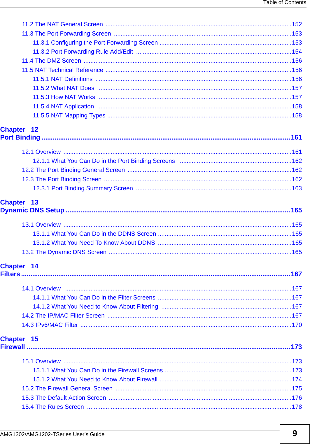   Table of ContentsAMG1302/AMG1202-TSeries User’s Guide 911.2 The NAT General Screen  ..............................................................................................................15211.3 The Port Forwarding Screen  .........................................................................................................15311.3.1 Configuring the Port Forwarding Screen ..............................................................................15311.3.2 Port Forwarding Rule Add/Edit ............................................................................................15411.4 The DMZ Screen ...........................................................................................................................15611.5 NAT Technical Reference ..............................................................................................................15611.5.1 NAT Definitions  ....................................................................................................................15611.5.2 What NAT Does  ...................................................................................................................15711.5.3 How NAT Works ...................................................................................................................15711.5.4 NAT Application  ...................................................................................................................15811.5.5 NAT Mapping Types .............................................................................................................158Chapter   12Port Binding ......................................................................................................................................16112.1 Overview  .......................................................................................................................................16112.1.1 What You Can Do in the Port Binding Screens  ...................................................................16212.2 The Port Binding General Screen .................................................................................................16212.3 The Port Binding Screen ...............................................................................................................16212.3.1 Port Binding Summary Screen  ............................................................................................163Chapter   13Dynamic DNS Setup .........................................................................................................................16513.1 Overview  .......................................................................................................................................16513.1.1 What You Can Do in the DDNS Screen ...............................................................................16513.1.2 What You Need To Know About DDNS  ...............................................................................16513.2 The Dynamic DNS Screen ............................................................................................................165Chapter   14Filters.................................................................................................................................................16714.1 Overview   ......................................................................................................................................16714.1.1 What You Can Do in the Filter Screens ...............................................................................16714.1.2 What You Need to Know About Filtering  .............................................................................16714.2 The IP/MAC Filter Screen  .............................................................................................................16714.3 IPv6/MAC Filter .............................................................................................................................170Chapter   15Firewall ..............................................................................................................................................17315.1 Overview  .......................................................................................................................................17315.1.1 What You Can Do in the Firewall Screens ...........................................................................17315.1.2 What You Need to Know About Firewall ..............................................................................17415.2 The Firewall General Screen  ........................................................................................................17515.3 The Default Action Screen  ............................................................................................................17615.4 The Rules Screen  .........................................................................................................................178