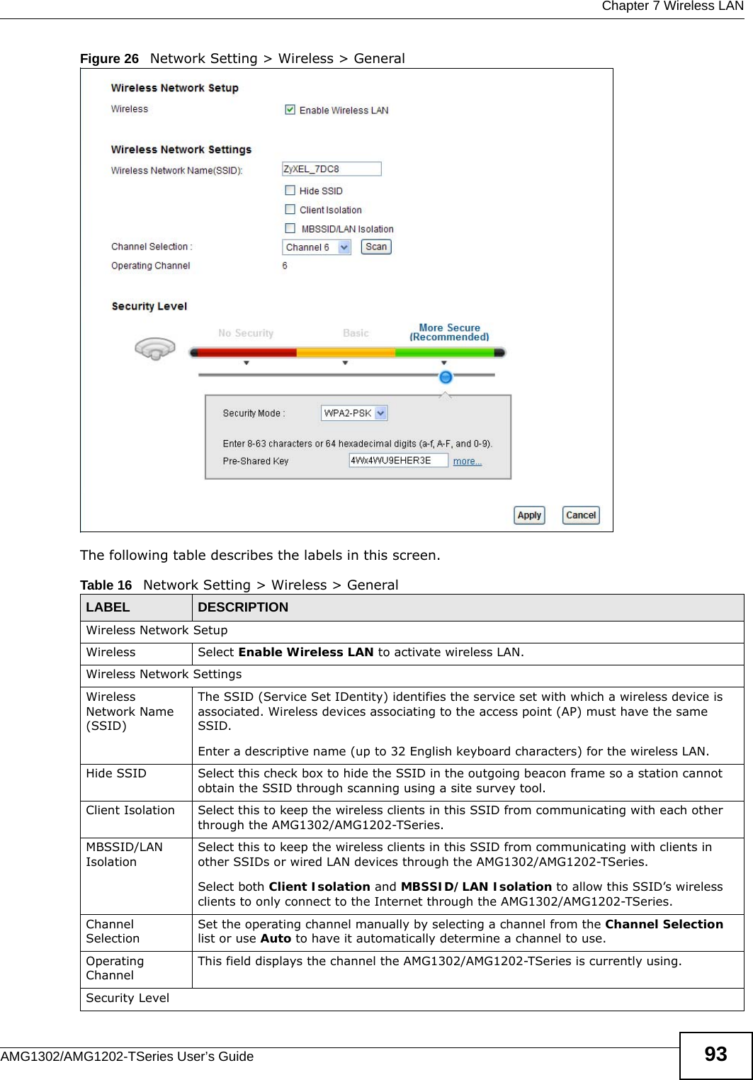  Chapter 7 Wireless LANAMG1302/AMG1202-TSeries User’s Guide 93Figure 26   Network Setting &gt; Wireless &gt; General The following table describes the labels in this screen.Table 16   Network Setting &gt; Wireless &gt; GeneralLABEL DESCRIPTIONWireless Network SetupWireless Select Enable Wireless LAN to activate wireless LAN.Wireless Network SettingsWireless Network Name (SSID)The SSID (Service Set IDentity) identifies the service set with which a wireless device is associated. Wireless devices associating to the access point (AP) must have the same SSID. Enter a descriptive name (up to 32 English keyboard characters) for the wireless LAN. Hide SSID Select this check box to hide the SSID in the outgoing beacon frame so a station cannot obtain the SSID through scanning using a site survey tool.Client Isolation  Select this to keep the wireless clients in this SSID from communicating with each other through the AMG1302/AMG1202-TSeries. MBSSID/LAN Isolation Select this to keep the wireless clients in this SSID from communicating with clients in other SSIDs or wired LAN devices through the AMG1302/AMG1202-TSeries.Select both Client Isolation and MBSSID/LAN Isolation to allow this SSID’s wireless clients to only connect to the Internet through the AMG1302/AMG1202-TSeries.Channel SelectionSet the operating channel manually by selecting a channel from the Channel Selection list or use Auto to have it automatically determine a channel to use.Operating Channel This field displays the channel the AMG1302/AMG1202-TSeries is currently using.Security Level