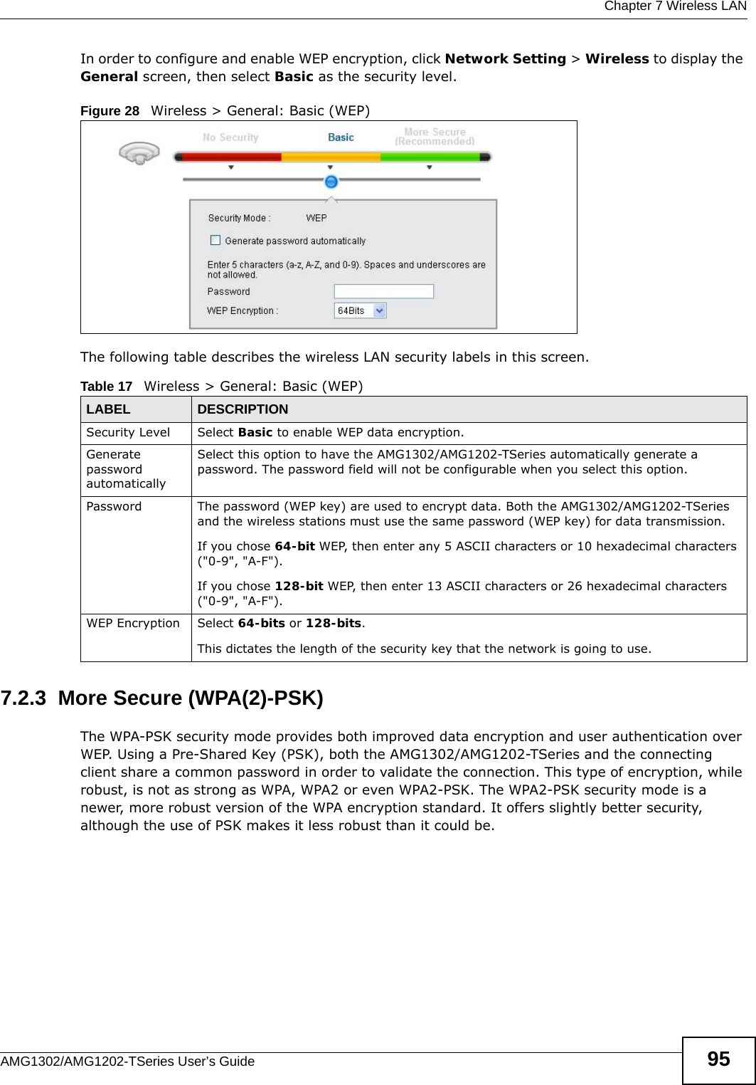  Chapter 7 Wireless LANAMG1302/AMG1202-TSeries User’s Guide 95In order to configure and enable WEP encryption, click Network Setting &gt; Wireless to display the General screen, then select Basic as the security level.Figure 28   Wireless &gt; General: Basic (WEP) The following table describes the wireless LAN security labels in this screen.7.2.3  More Secure (WPA(2)-PSK)The WPA-PSK security mode provides both improved data encryption and user authentication over WEP. Using a Pre-Shared Key (PSK), both the AMG1302/AMG1202-TSeries and the connecting client share a common password in order to validate the connection. This type of encryption, while robust, is not as strong as WPA, WPA2 or even WPA2-PSK. The WPA2-PSK security mode is a newer, more robust version of the WPA encryption standard. It offers slightly better security, although the use of PSK makes it less robust than it could be. Table 17   Wireless &gt; General: Basic (WEP)LABEL DESCRIPTIONSecurity Level Select Basic to enable WEP data encryption.Generate password automatically Select this option to have the AMG1302/AMG1202-TSeries automatically generate a password. The password field will not be configurable when you select this option.Password The password (WEP key) are used to encrypt data. Both the AMG1302/AMG1202-TSeries and the wireless stations must use the same password (WEP key) for data transmission.If you chose 64-bit WEP, then enter any 5 ASCII characters or 10 hexadecimal characters (&quot;0-9&quot;, &quot;A-F&quot;).If you chose 128-bit WEP, then enter 13 ASCII characters or 26 hexadecimal characters (&quot;0-9&quot;, &quot;A-F&quot;). WEP Encryption Select 64-bits or 128-bits.This dictates the length of the security key that the network is going to use.