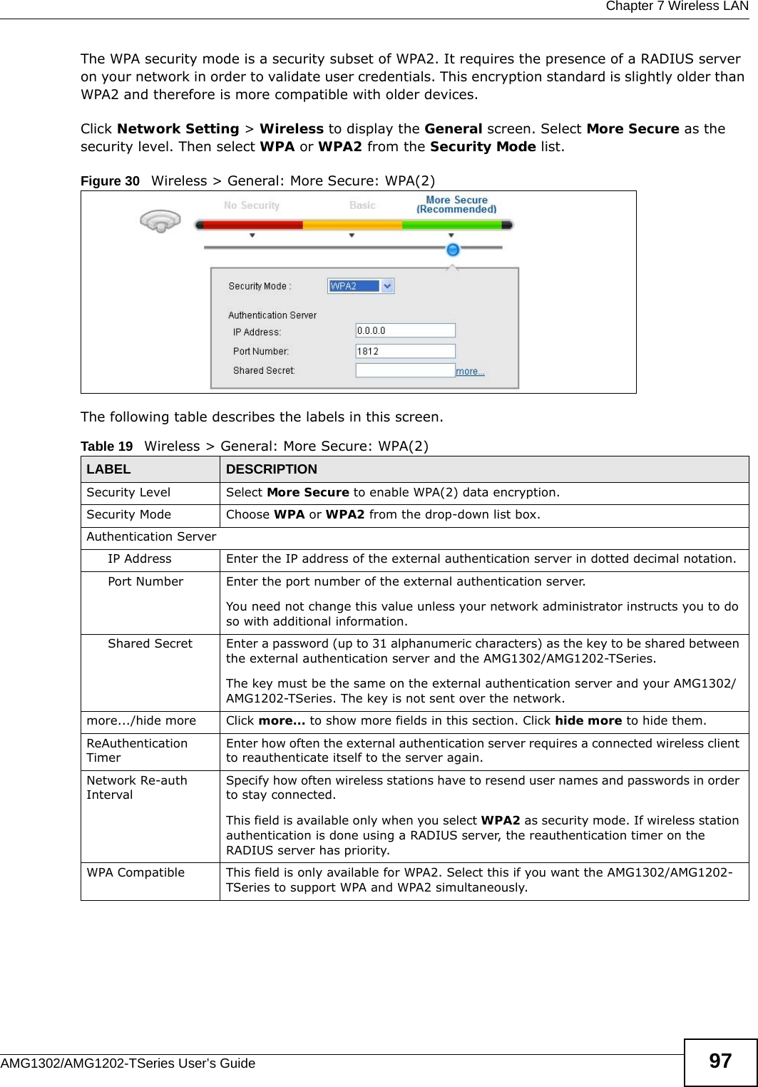 Chapter 7 Wireless LANAMG1302/AMG1202-TSeries User’s Guide 97The WPA security mode is a security subset of WPA2. It requires the presence of a RADIUS server on your network in order to validate user credentials. This encryption standard is slightly older than WPA2 and therefore is more compatible with older devices.Click Network Setting &gt; Wireless to display the General screen. Select More Secure as the security level. Then select WPA or WPA2 from the Security Mode list.Figure 30   Wireless &gt; General: More Secure: WPA(2)The following table describes the labels in this screen.Table 19   Wireless &gt; General: More Secure: WPA(2)LABEL DESCRIPTIONSecurity Level Select More Secure to enable WPA(2) data encryption.Security Mode Choose WPA or WPA2 from the drop-down list box.Authentication ServerIP Address Enter the IP address of the external authentication server in dotted decimal notation.Port Number Enter the port number of the external authentication server. You need not change this value unless your network administrator instructs you to do so with additional information. Shared Secret Enter a password (up to 31 alphanumeric characters) as the key to be shared between the external authentication server and the AMG1302/AMG1202-TSeries.The key must be the same on the external authentication server and your AMG1302/AMG1202-TSeries. The key is not sent over the network. more.../hide more Click more... to show more fields in this section. Click hide more to hide them.ReAuthentication TimerEnter how often the external authentication server requires a connected wireless client to reauthenticate itself to the server again.Network Re-auth IntervalSpecify how often wireless stations have to resend user names and passwords in order to stay connected.This field is available only when you select WPA2 as security mode. If wireless station authentication is done using a RADIUS server, the reauthentication timer on the RADIUS server has priority.WPA Compatible This field is only available for WPA2. Select this if you want the AMG1302/AMG1202-TSeries to support WPA and WPA2 simultaneously.