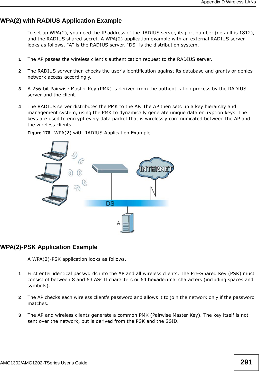  Appendix D Wireless LANsAMG1302/AMG1202-TSeries User’s Guide 291WPA(2) with RADIUS Application ExampleTo set up WPA(2), you need the IP address of the RADIUS server, its port number (default is 1812), and the RADIUS shared secret. A WPA(2) application example with an external RADIUS server looks as follows. &quot;A&quot; is the RADIUS server. &quot;DS&quot; is the distribution system.1The AP passes the wireless client&apos;s authentication request to the RADIUS server.2The RADIUS server then checks the user&apos;s identification against its database and grants or denies network access accordingly.3A 256-bit Pairwise Master Key (PMK) is derived from the authentication process by the RADIUS server and the client.4The RADIUS server distributes the PMK to the AP. The AP then sets up a key hierarchy and management system, using the PMK to dynamically generate unique data encryption keys. The keys are used to encrypt every data packet that is wirelessly communicated between the AP and the wireless clients.Figure 176   WPA(2) with RADIUS Application ExampleWPA(2)-PSK Application ExampleA WPA(2)-PSK application looks as follows.1First enter identical passwords into the AP and all wireless clients. The Pre-Shared Key (PSK) must consist of between 8 and 63 ASCII characters or 64 hexadecimal characters (including spaces and symbols).2The AP checks each wireless client&apos;s password and allows it to join the network only if the password matches.3The AP and wireless clients generate a common PMK (Pairwise Master Key). The key itself is not sent over the network, but is derived from the PSK and the SSID. 