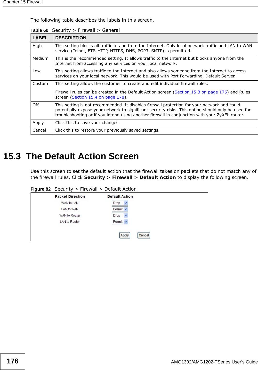 Chapter 15 FirewallAMG1302/AMG1202-TSeries User’s Guide176The following table describes the labels in this screen.15.3  The Default Action ScreenUse this screen to set the default action that the firewall takes on packets that do not match any of the firewall rules. Click Security &gt; Firewall &gt; Default Action to display the following screen.Figure 82   Security &gt; Firewall &gt; Default Action Table 60   Security &gt; Firewall &gt; GeneralLABEL DESCRIPTIONHigh This setting blocks all traffic to and from the Internet. Only local network traffic and LAN to WAN service (Telnet, FTP, HTTP, HTTPS, DNS, POP3, SMTP) is permitted. Medium This is the recommended setting. It allows traffic to the Internet but blocks anyone from the Internet from accessing any services on your local network. Low This setting allows traffic to the Internet and also allows someone from the Internet to access services on your local network. This would be used with Port Forwarding, Default Server. Custom This setting allows the customer to create and edit individual firewall rules. Firewall rules can be created in the Default Action screen (Section 15.3 on page 176) and Rules screen (Section 15.4 on page 178).Off This setting is not recommended. It disables firewall protection for your network and could potentially expose your network to significant security risks. This option should only be used for troubleshooting or if you intend using another firewall in conjunction with your ZyXEL router.Apply Click this to save your changes.Cancel Click this to restore your previously saved settings.