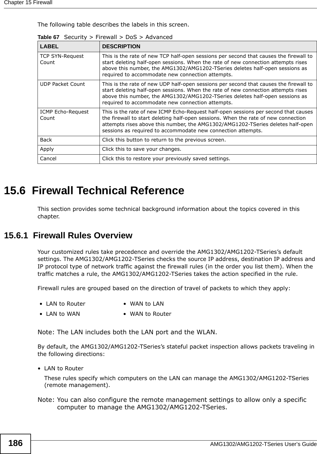 Chapter 15 FirewallAMG1302/AMG1202-TSeries User’s Guide186The following table describes the labels in this screen.15.6  Firewall Technical ReferenceThis section provides some technical background information about the topics covered in this chapter.15.6.1  Firewall Rules OverviewYour customized rules take precedence and override the AMG1302/AMG1202-TSeries’s default settings. The AMG1302/AMG1202-TSeries checks the source IP address, destination IP address and IP protocol type of network traffic against the firewall rules (in the order you list them). When the traffic matches a rule, the AMG1302/AMG1202-TSeries takes the action specified in the rule. Firewall rules are grouped based on the direction of travel of packets to which they apply: Note: The LAN includes both the LAN port and the WLAN.By default, the AMG1302/AMG1202-TSeries’s stateful packet inspection allows packets traveling in the following directions:•LAN to Router These rules specify which computers on the LAN can manage the AMG1302/AMG1202-TSeries (remote management). Note: You can also configure the remote management settings to allow only a specific computer to manage the AMG1302/AMG1202-TSeries.Table 67   Security &gt; Firewall &gt; DoS &gt; AdvancedLABEL DESCRIPTIONTCP SYN-Request CountThis is the rate of new TCP half-open sessions per second that causes the firewall to start deleting half-open sessions. When the rate of new connection attempts rises above this number, the AMG1302/AMG1202-TSeries deletes half-open sessions as required to accommodate new connection attempts.UDP Packet Count This is the rate of new UDP half-open sessions per second that causes the firewall to start deleting half-open sessions. When the rate of new connection attempts rises above this number, the AMG1302/AMG1202-TSeries deletes half-open sessions as required to accommodate new connection attempts.ICMP Echo-Request CountThis is the rate of new ICMP Echo-Request half-open sessions per second that causes the firewall to start deleting half-open sessions. When the rate of new connection attempts rises above this number, the AMG1302/AMG1202-TSeries deletes half-open sessions as required to accommodate new connection attempts.Back Click this button to return to the previous screen.Apply Click this to save your changes.Cancel Click this to restore your previously saved settings.•LAN to Router •WAN to LAN• LAN to WAN • WAN to Router