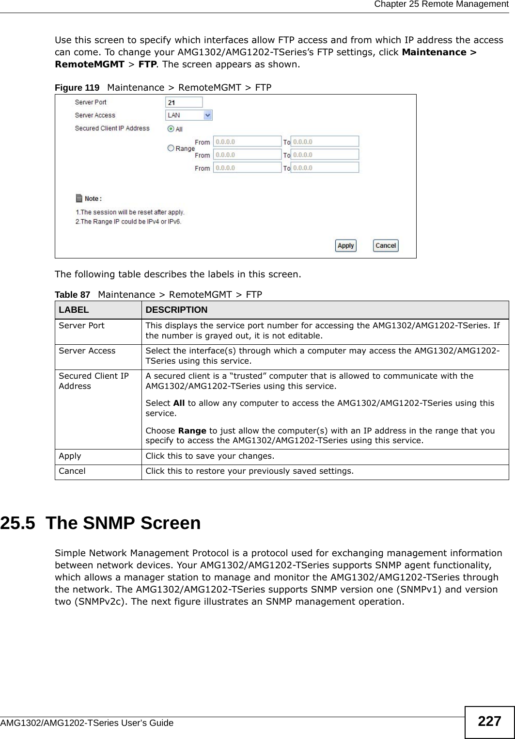 Chapter 25 Remote ManagementAMG1302/AMG1202-TSeries User’s Guide 227Use this screen to specify which interfaces allow FTP access and from which IP address the access can come. To change your AMG1302/AMG1202-TSeries’s FTP settings, click Maintenance &gt; RemoteMGMT &gt; FTP. The screen appears as shown.Figure 119   Maintenance &gt; RemoteMGMT &gt; FTPThe following table describes the labels in this screen. 25.5  The SNMP ScreenSimple Network Management Protocol is a protocol used for exchanging management information between network devices. Your AMG1302/AMG1202-TSeries supports SNMP agent functionality, which allows a manager station to manage and monitor the AMG1302/AMG1202-TSeries through the network. The AMG1302/AMG1202-TSeries supports SNMP version one (SNMPv1) and version two (SNMPv2c). The next figure illustrates an SNMP management operation.Table 87   Maintenance &gt; RemoteMGMT &gt; FTPLABEL DESCRIPTIONServer Port This displays the service port number for accessing the AMG1302/AMG1202-TSeries. If the number is grayed out, it is not editable.Server Access Select the interface(s) through which a computer may access the AMG1302/AMG1202-TSeries using this service.Secured Client IP AddressA secured client is a “trusted” computer that is allowed to communicate with the AMG1302/AMG1202-TSeries using this service. Select All to allow any computer to access the AMG1302/AMG1202-TSeries using this service.Choose Range to just allow the computer(s) with an IP address in the range that you specify to access the AMG1302/AMG1202-TSeries using this service.Apply Click this to save your changes.Cancel Click this to restore your previously saved settings.