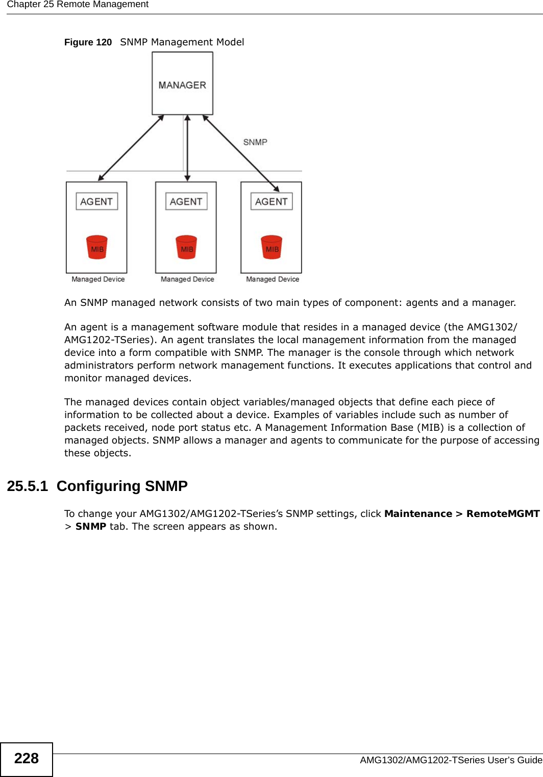 Chapter 25 Remote ManagementAMG1302/AMG1202-TSeries User’s Guide228Figure 120   SNMP Management ModelAn SNMP managed network consists of two main types of component: agents and a manager. An agent is a management software module that resides in a managed device (the AMG1302/AMG1202-TSeries). An agent translates the local management information from the managed device into a form compatible with SNMP. The manager is the console through which network administrators perform network management functions. It executes applications that control and monitor managed devices. The managed devices contain object variables/managed objects that define each piece of information to be collected about a device. Examples of variables include such as number of packets received, node port status etc. A Management Information Base (MIB) is a collection of managed objects. SNMP allows a manager and agents to communicate for the purpose of accessing these objects.25.5.1  Configuring SNMP To change your AMG1302/AMG1202-TSeries’s SNMP settings, click Maintenance &gt; RemoteMGMT &gt; SNMP tab. The screen appears as shown.