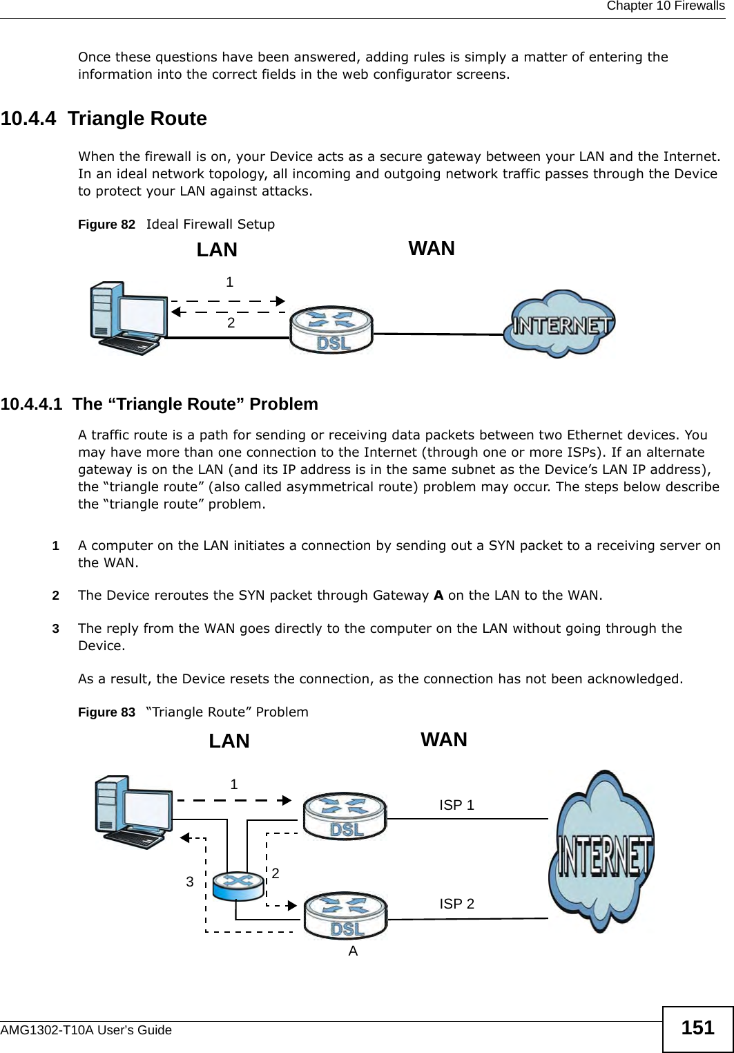  Chapter 10 FirewallsAMG1302-T10A User’s Guide 151Once these questions have been answered, adding rules is simply a matter of entering the information into the correct fields in the web configurator screens.10.4.4  Triangle RouteWhen the firewall is on, your Device acts as a secure gateway between your LAN and the Internet. In an ideal network topology, all incoming and outgoing network traffic passes through the Device to protect your LAN against attacks.Figure 82   Ideal Firewall Setup10.4.4.1  The “Triangle Route” ProblemA traffic route is a path for sending or receiving data packets between two Ethernet devices. You may have more than one connection to the Internet (through one or more ISPs). If an alternate gateway is on the LAN (and its IP address is in the same subnet as the Device’s LAN IP address), the “triangle route” (also called asymmetrical route) problem may occur. The steps below describe the “triangle route” problem. 1A computer on the LAN initiates a connection by sending out a SYN packet to a receiving server on the WAN.2The Device reroutes the SYN packet through Gateway A on the LAN to the WAN. 3The reply from the WAN goes directly to the computer on the LAN without going through the Device. As a result, the Device resets the connection, as the connection has not been acknowledged.Figure 83   “Triangle Route” Problem12WANLAN123WANLANAISP 1ISP 2