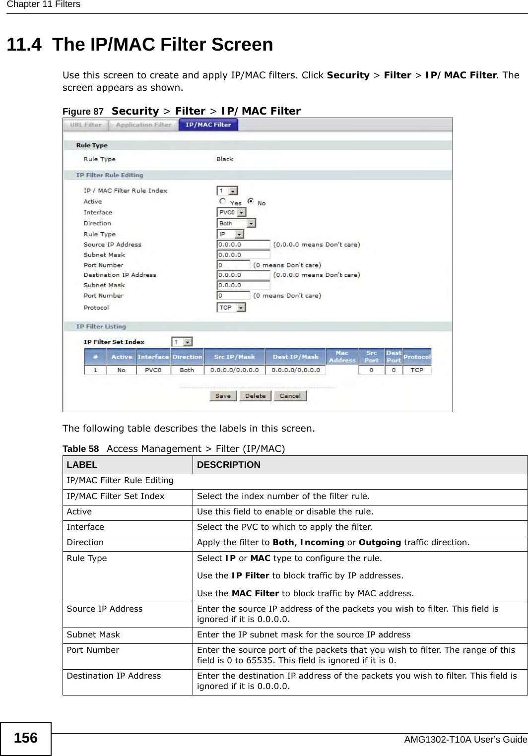 Chapter 11 FiltersAMG1302-T10A User’s Guide15611.4  The IP/MAC Filter ScreenUse this screen to create and apply IP/MAC filters. Click Security &gt; Filter &gt; IP/MAC Filter. The screen appears as shown.Figure 87   Security &gt; Filter &gt; IP/MAC FilterThe following table describes the labels in this screen. Table 58   Access Management &gt; Filter (IP/MAC)LABEL DESCRIPTIONIP/MAC Filter Rule EditingIP/MAC Filter Set Index Select the index number of the filter rule.Active Use this field to enable or disable the rule.Interface Select the PVC to which to apply the filter.Direction Apply the filter to Both, Incoming or Outgoing traffic direction.Rule Type Select IP or MAC type to configure the rule.Use the IP Filter to block traffic by IP addresses.Use the MAC Filter to block traffic by MAC address.Source IP Address Enter the source IP address of the packets you wish to filter. This field is ignored if it is 0.0.0.0.Subnet Mask Enter the IP subnet mask for the source IP addressPort Number Enter the source port of the packets that you wish to filter. The range of this field is 0 to 65535. This field is ignored if it is 0.Destination IP Address Enter the destination IP address of the packets you wish to filter. This field is ignored if it is 0.0.0.0.