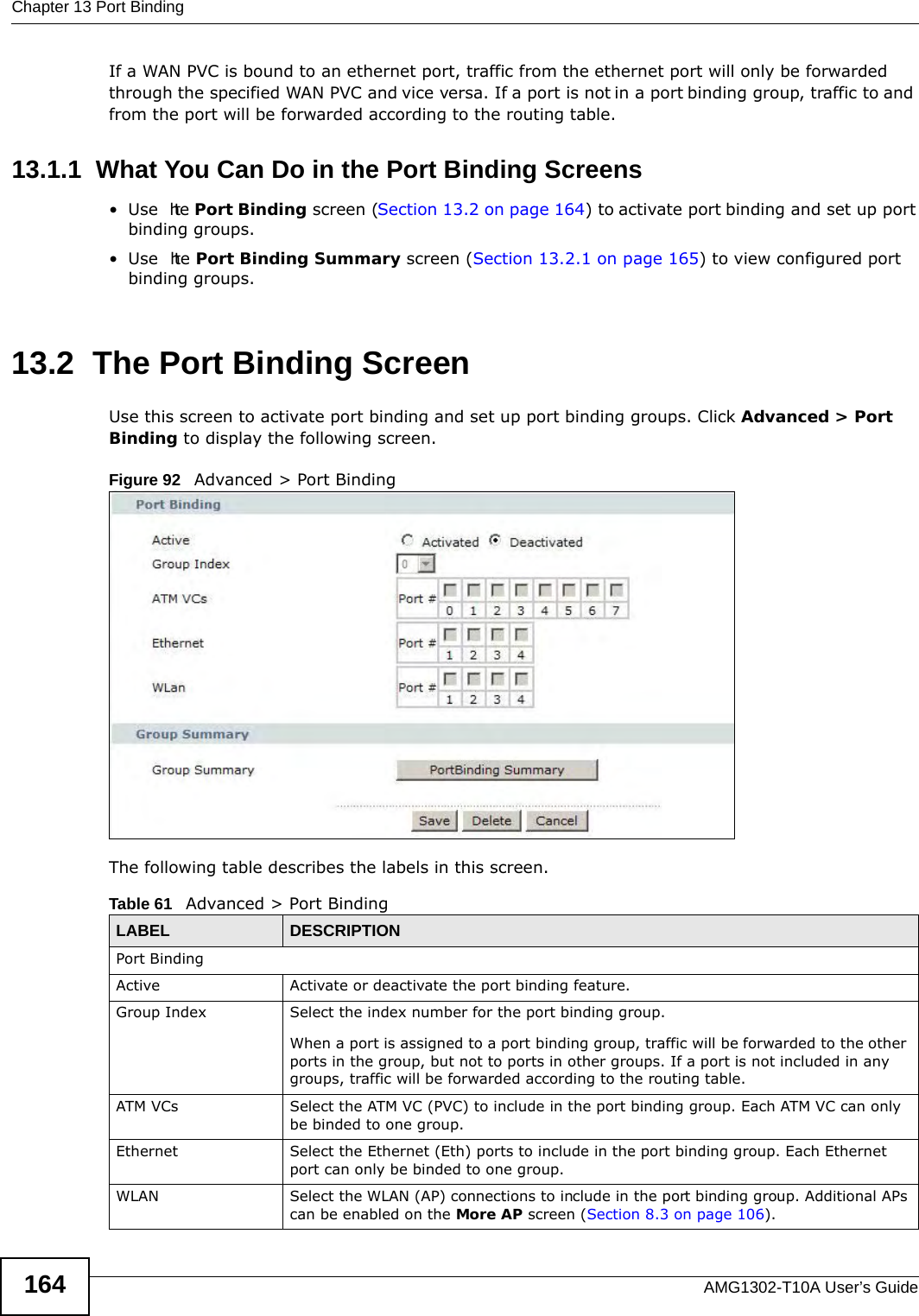 Chapter 13 Port BindingAMG1302-T10A User’s Guide164If a WAN PVC is bound to an ethernet port, traffic from the ethernet port will only be forwarded through the specified WAN PVC and vice versa. If a port is not in a port binding group, traffic to and from the port will be forwarded according to the routing table. 13.1.1  What You Can Do in the Port Binding Screens•Use  the Port Binding screen (Section 13.2 on page 164) to activate port binding and set up port binding groups.•Use  the Port Binding Summary screen (Section 13.2.1 on page 165) to view configured port binding groups.13.2  The Port Binding ScreenUse this screen to activate port binding and set up port binding groups. Click Advanced &gt; Port Binding to display the following screen.Figure 92   Advanced &gt; Port BindingThe following table describes the labels in this screen. Table 61   Advanced &gt; Port BindingLABEL DESCRIPTIONPort BindingActive Activate or deactivate the port binding feature.Group Index Select the index number for the port binding group. When a port is assigned to a port binding group, traffic will be forwarded to the other ports in the group, but not to ports in other groups. If a port is not included in any groups, traffic will be forwarded according to the routing table.ATM VCs Select the ATM VC (PVC) to include in the port binding group. Each ATM VC can only be binded to one group.Ethernet Select the Ethernet (Eth) ports to include in the port binding group. Each Ethernet port can only be binded to one group.WLAN Select the WLAN (AP) connections to include in the port binding group. Additional APs can be enabled on the More AP screen (Section 8.3 on page 106).