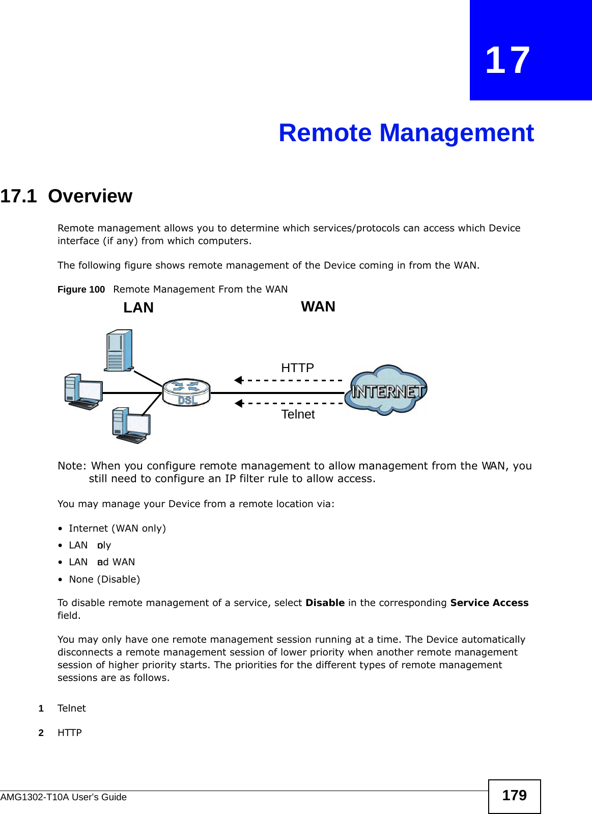 AMG1302-T10A User’s Guide 179CHAPTER   17Remote Management17.1  OverviewRemote management allows you to determine which services/protocols can access which Device interface (if any) from which computers.The following figure shows remote management of the Device coming in from the WAN.Figure 100   Remote Management From the WANNote: When you configure remote management to allow management from the WAN, you still need to configure an IP filter rule to allow access.You may manage your Device from a remote location via:• Internet (WAN only)•LAN  only•LAN  and WAN• None (Disable)To disable remote management of a service, select Disable in the corresponding Service Access field.You may only have one remote management session running at a time. The Device automatically disconnects a remote management session of lower priority when another remote management session of higher priority starts. The priorities for the different types of remote management sessions are as follows.1Telnet2HTTPLAN WANHTTPTelnet