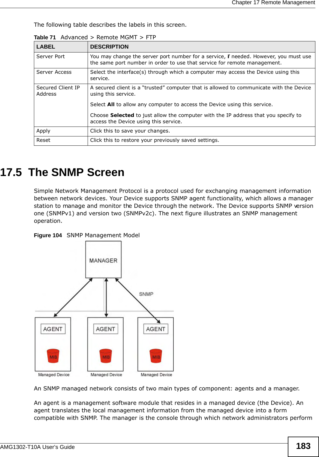  Chapter 17 Remote ManagementAMG1302-T10A User’s Guide 183The following table describes the labels in this screen. 17.5  The SNMP ScreenSimple Network Management Protocol is a protocol used for exchanging management information between network devices. Your Device supports SNMP agent functionality, which allows a manager station to manage and monitor the Device through the network. The Device supports SNMP version one (SNMPv1) and version two (SNMPv2c). The next figure illustrates an SNMP management operation.Figure 104   SNMP Management ModelAn SNMP managed network consists of two main types of component: agents and a manager. An agent is a management software module that resides in a managed device (the Device). An agent translates the local management information from the managed device into a form compatible with SNMP. The manager is the console through which network administrators perform Table 71   Advanced &gt; Remote MGMT &gt; FTPLABEL DESCRIPTIONServer Port You may change the server port number for a service, if needed. However, you must use the same port number in order to use that service for remote management.Server Access Select the interface(s) through which a computer may access the Device using this service.Secured Client IP AddressA secured client is a “trusted” computer that is allowed to communicate with the Device using this service. Select All to allow any computer to access the Device using this service.Choose Selected to just allow the computer with the IP address that you specify to access the Device using this service.Apply Click this to save your changes.Reset Click this to restore your previously saved settings.