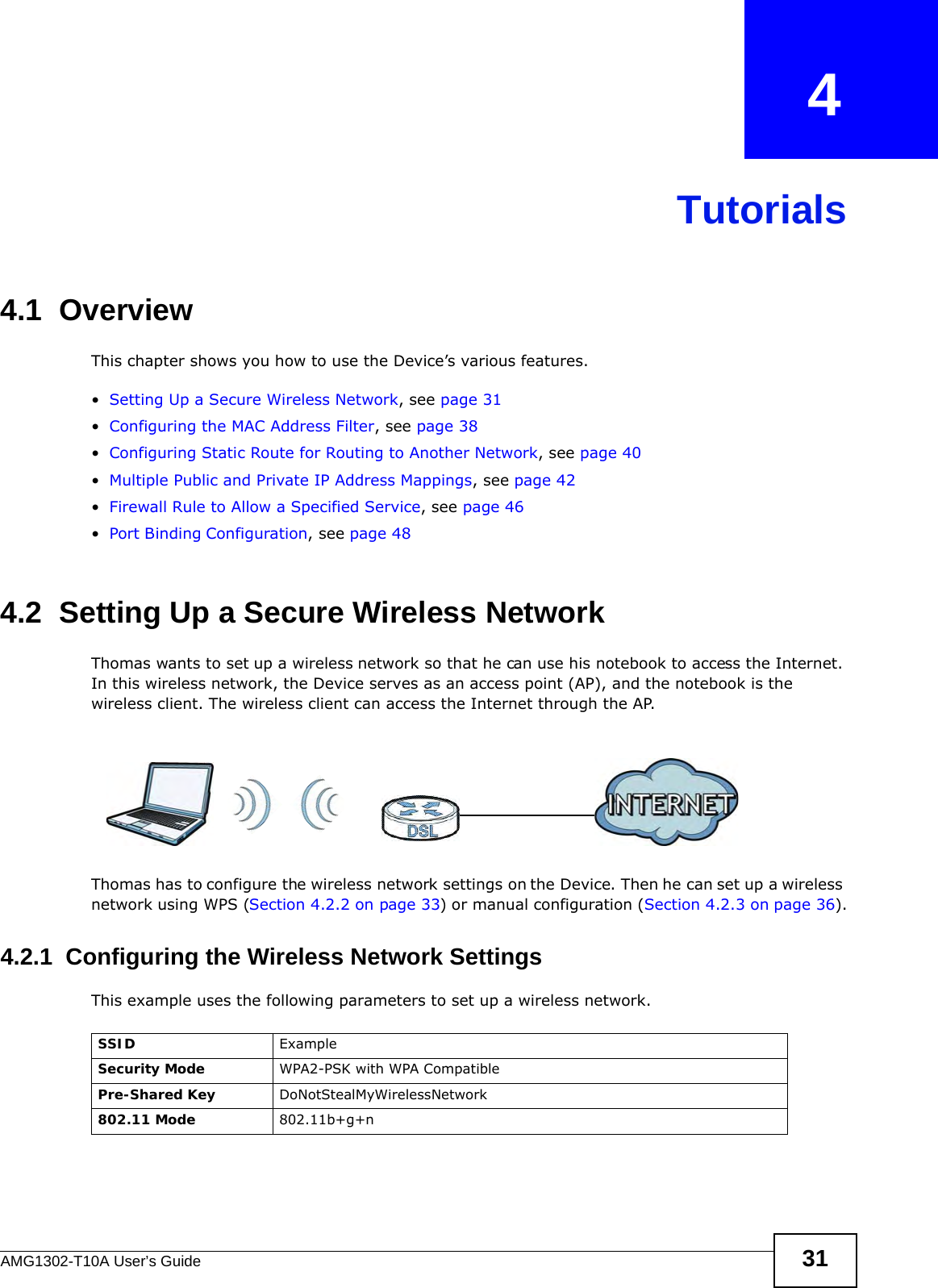 AMG1302-T10A User’s Guide 31CHAPTER   4Tutorials4.1  OverviewThis chapter shows you how to use the Device’s various features.•Setting Up a Secure Wireless Network, see page 31•Configuring the MAC Address Filter, see page 38•Configuring Static Route for Routing to Another Network, see page 40•Multiple Public and Private IP Address Mappings, see page 42•Firewall Rule to Allow a Specified Service, see page 46•Port BindingConfiguration, see page 484.2  Setting Up a Secure Wireless NetworkThomas wants to set up a wireless network so that he can use his notebook to access the Internet. In this wireless network, the Device serves as an access point (AP), and the notebook is the wireless client. The wireless client can access the Internet through the AP.Thomas has to configure the wireless network settings on the Device. Then he can set up a wireless network using WPS (Section 4.2.2 on page 33) or manual configuration (Section 4.2.3 on page 36).4.2.1  Configuring the Wireless Network SettingsThis example uses the following parameters to set up a wireless network.SSID ExampleSecurity Mode WPA2-PSK with WPA CompatiblePre-Shared Key DoNotStealMyWirelessNetwork802.11 Mode 802.11b+g+n