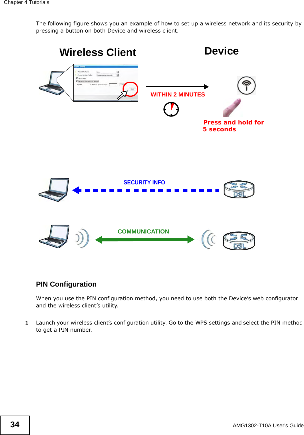 Chapter 4 TutorialsAMG1302-T10A User’s Guide34The following figure shows you an example of how to set up a wireless network and its security by pressing a button on both Device and wireless client.Example WPS Process: PBC MethodPIN ConfigurationWhen you use the PIN configuration method, you need to use both the Device’s web configurator and the wireless client’s utility.1Launch your wireless client’s configuration utility. Go to the WPS settings and select the PIN method to get a PIN number.   Wireless Client DeviceSECURITY INFOCOMMUNICATIONWITHIN 2 MINUTESPress and hold for   5 seconds