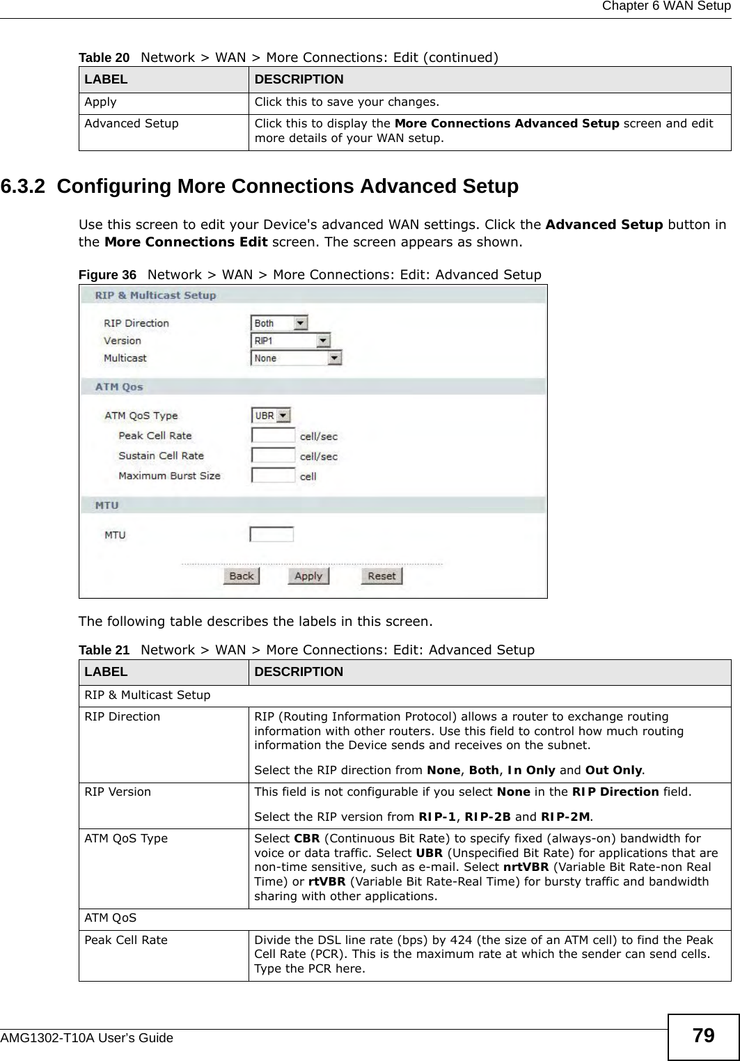  Chapter 6 WAN SetupAMG1302-T10A User’s Guide 796.3.2  Configuring More Connections Advanced Setup Use this screen to edit your Device&apos;s advanced WAN settings. Click the Advanced Setup button in the More Connections Edit screen. The screen appears as shown.Figure 36   Network &gt; WAN &gt; More Connections: Edit: Advanced SetupThe following table describes the labels in this screen. Apply Click this to save your changes. Advanced Setup Click this to display the More Connections Advanced Setup screen and edit more details of your WAN setup.Table 20   Network &gt; WAN &gt; More Connections: Edit (continued)LABEL DESCRIPTIONTable 21   Network &gt; WAN &gt; More Connections: Edit: Advanced SetupLABEL DESCRIPTIONRIP &amp; Multicast SetupRIP Direction RIP (Routing Information Protocol) allows a router to exchange routing information with other routers. Use this field to control how much routing information the Device sends and receives on the subnet.Select the RIP direction from None, Both, In Only and Out Only.RIP Version This field is not configurable if you select None in the RIP Direction field.Select the RIP version from RIP-1, RIP-2B and RIP-2M.ATM QoS Type Select CBR (Continuous Bit Rate) to specify fixed (always-on) bandwidth for voice or data traffic. Select UBR (Unspecified Bit Rate) for applications that are non-time sensitive, such as e-mail. Select nrtVBR (Variable Bit Rate-non Real Time) or rtVBR (Variable Bit Rate-Real Time) for bursty traffic and bandwidth sharing with other applications. ATM Q oSPeak Cell Rate Divide the DSL line rate (bps) by 424 (the size of an ATM cell) to find the Peak Cell Rate (PCR). This is the maximum rate at which the sender can send cells. Type the PCR here.