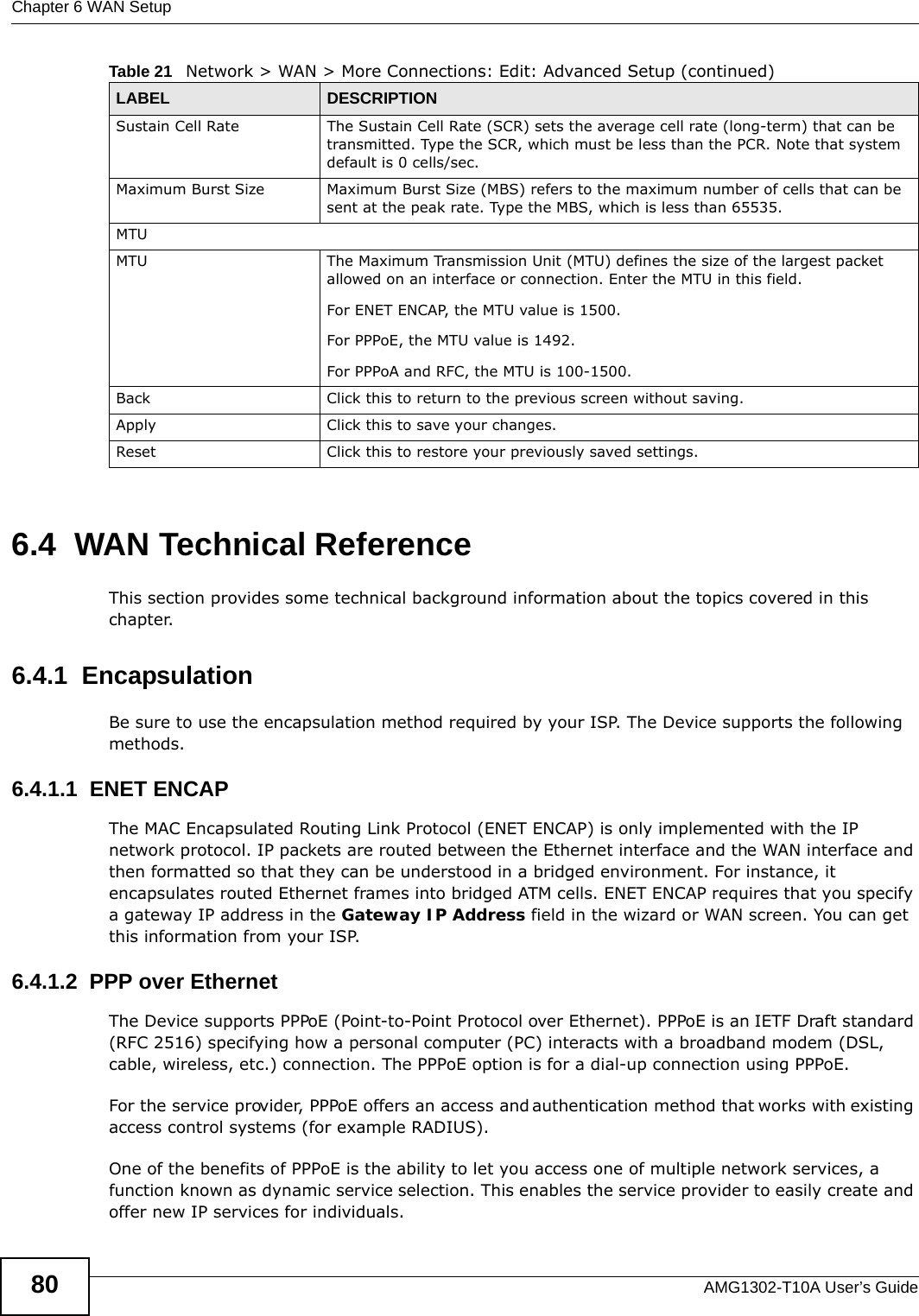 Chapter 6 WAN SetupAMG1302-T10A User’s Guide806.4  WAN Technical ReferenceThis section provides some technical background information about the topics covered in this chapter.6.4.1  EncapsulationBe sure to use the encapsulation method required by your ISP. The Device supports the following methods.6.4.1.1  ENET ENCAPThe MAC Encapsulated Routing Link Protocol (ENET ENCAP) is only implemented with the IP network protocol. IP packets are routed between the Ethernet interface and the WAN interface and then formatted so that they can be understood in a bridged environment. For instance, it encapsulates routed Ethernet frames into bridged ATM cells. ENET ENCAP requires that you specify a gateway IP address in the Gateway IP Address field in the wizard or WAN screen. You can get this information from your ISP.6.4.1.2  PPP over EthernetThe Device supports PPPoE (Point-to-Point Protocol over Ethernet). PPPoE is an IETF Draft standard (RFC 2516) specifying how a personal computer (PC) interacts with a broadband modem (DSL, cable, wireless, etc.) connection. The PPPoE option is for a dial-up connection using PPPoE.For the service provider, PPPoE offers an access and authentication method that works with existing access control systems (for example RADIUS).One of the benefits of PPPoE is the ability to let you access one of multiple network services, a function known as dynamic service selection. This enables the service provider to easily create and offer new IP services for individuals.Sustain Cell Rate The Sustain Cell Rate (SCR) sets the average cell rate (long-term) that can be transmitted. Type the SCR, which must be less than the PCR. Note that system default is 0 cells/sec. Maximum Burst Size Maximum Burst Size (MBS) refers to the maximum number of cells that can be sent at the peak rate. Type the MBS, which is less than 65535. MTUMTU The Maximum Transmission Unit (MTU) defines the size of the largest packet allowed on an interface or connection. Enter the MTU in this field.For ENET ENCAP, the MTU value is 1500.For PPPoE, the MTU value is 1492.For PPPoA and RFC, the MTU is 100-1500.Back Click this to return to the previous screen without saving.Apply Click this to save your changes. Reset Click this to restore your previously saved settings.Table 21   Network &gt; WAN &gt; More Connections: Edit: Advanced Setup (continued)LABEL DESCRIPTION