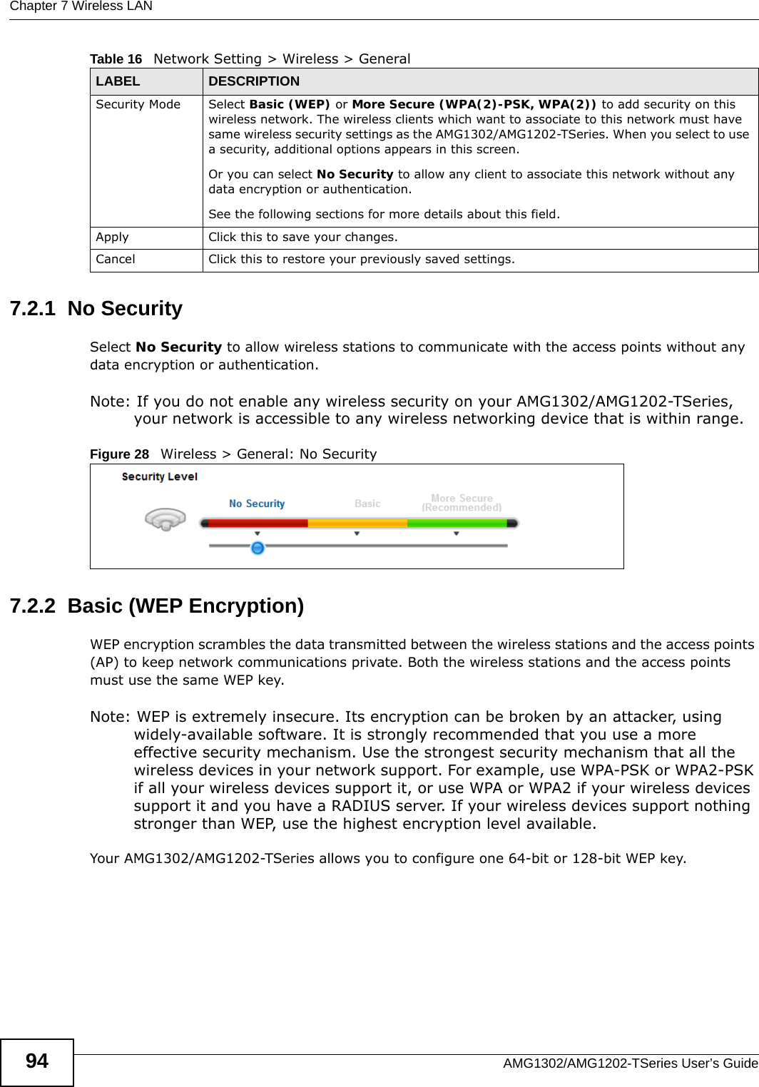 Chapter 7 Wireless LANAMG1302/AMG1202-TSeries User’s Guide947.2.1  No SecuritySelect No Security to allow wireless stations to communicate with the access points without any data encryption or authentication.Note: If you do not enable any wireless security on your AMG1302/AMG1202-TSeries, your network is accessible to any wireless networking device that is within range.Figure 28   Wireless &gt; General: No Security7.2.2  Basic (WEP Encryption)WEP encryption scrambles the data transmitted between the wireless stations and the access points (AP) to keep network communications private. Both the wireless stations and the access points must use the same WEP key.Note: WEP is extremely insecure. Its encryption can be broken by an attacker, using widely-available software. It is strongly recommended that you use a more effective security mechanism. Use the strongest security mechanism that all the wireless devices in your network support. For example, use WPA-PSK or WPA2-PSK if all your wireless devices support it, or use WPA or WPA2 if your wireless devices support it and you have a RADIUS server. If your wireless devices support nothing stronger than WEP, use the highest encryption level available.Your AMG1302/AMG1202-TSeries allows you to configure one 64-bit or 128-bit WEP key.Security Mode Select Basic (WEP) or More Secure (WPA(2)-PSK, WPA(2)) to add security on this wireless network. The wireless clients which want to associate to this network must have same wireless security settings as the AMG1302/AMG1202-TSeries. When you select to use a security, additional options appears in this screen. Or you can select No Security to allow any client to associate this network without any data encryption or authentication.See the following sections for more details about this field.Apply Click this to save your changes.Cancel Click this to restore your previously saved settings.Table 16   Network Setting &gt; Wireless &gt; GeneralLABEL DESCRIPTION