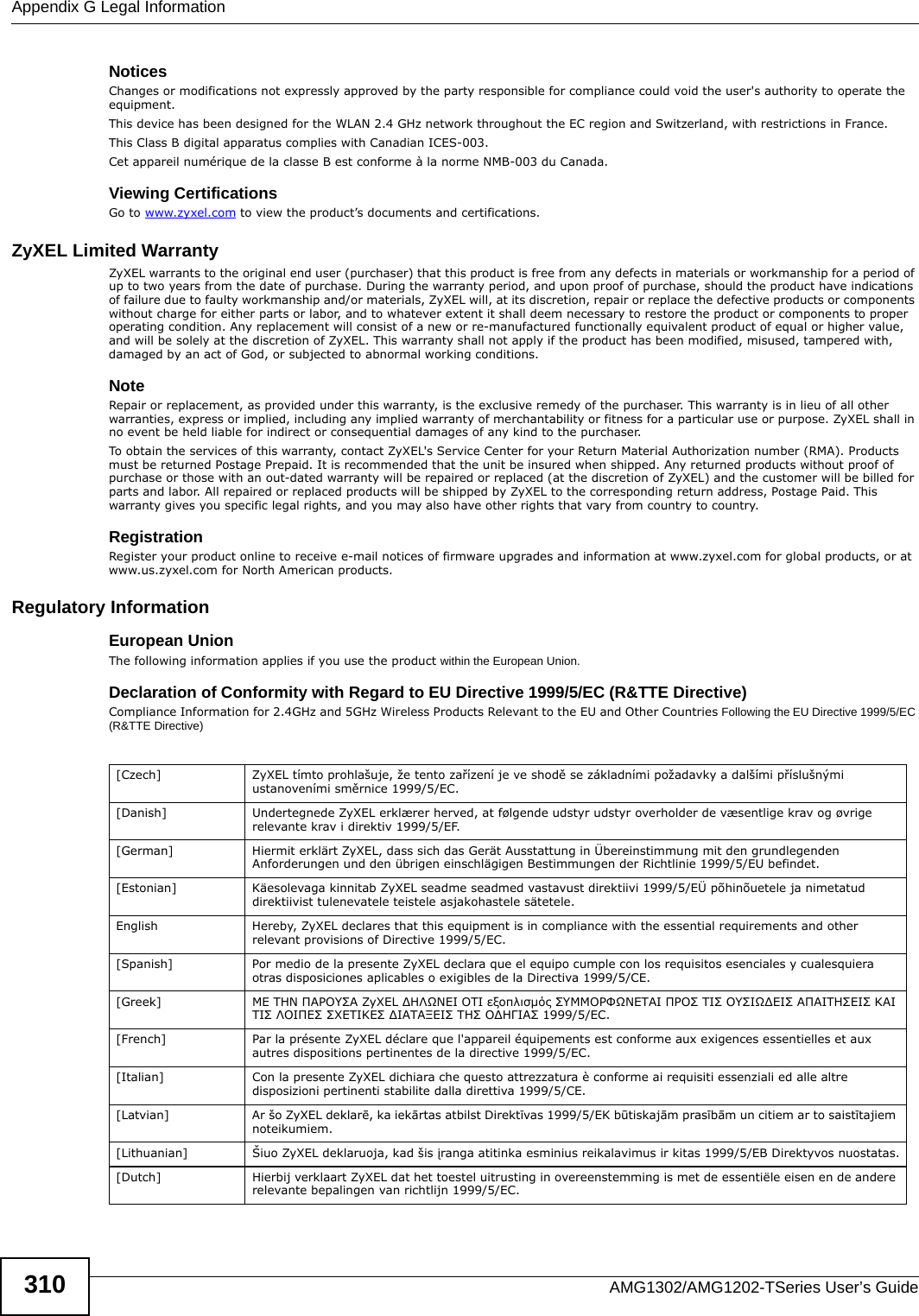 Appendix G Legal InformationAMG1302/AMG1202-TSeries User’s Guide310Notices Changes or modifications not expressly approved by the party responsible for compliance could void the user&apos;s authority to operate the equipment.This device has been designed for the WLAN 2.4 GHz network throughout the EC region and Switzerland, with restrictions in France. This Class B digital apparatus complies with Canadian ICES-003.Cet appareil numérique de la classe B est conforme à la norme NMB-003 du Canada.Viewing CertificationsGo to www.zyxel.com to view the product’s documents and certifications.ZyXEL Limited WarrantyZyXEL warrants to the original end user (purchaser) that this product is free from any defects in materials or workmanship for a period of up to two years from the date of purchase. During the warranty period, and upon proof of purchase, should the product have indications of failure due to faulty workmanship and/or materials, ZyXEL will, at its discretion, repair or replace the defective products or components without charge for either parts or labor, and to whatever extent it shall deem necessary to restore the product or components to proper operating condition. Any replacement will consist of a new or re-manufactured functionally equivalent product of equal or higher value, and will be solely at the discretion of ZyXEL. This warranty shall not apply if the product has been modified, misused, tampered with, damaged by an act of God, or subjected to abnormal working conditions.NoteRepair or replacement, as provided under this warranty, is the exclusive remedy of the purchaser. This warranty is in lieu of all other warranties, express or implied, including any implied warranty of merchantability or fitness for a particular use or purpose. ZyXEL shall in no event be held liable for indirect or consequential damages of any kind to the purchaser.To obtain the services of this warranty, contact ZyXEL&apos;s Service Center for your Return Material Authorization number (RMA). Products must be returned Postage Prepaid. It is recommended that the unit be insured when shipped. Any returned products without proof of purchase or those with an out-dated warranty will be repaired or replaced (at the discretion of ZyXEL) and the customer will be billed for parts and labor. All repaired or replaced products will be shipped by ZyXEL to the corresponding return address, Postage Paid. This warranty gives you specific legal rights, and you may also have other rights that vary from country to country.RegistrationRegister your product online to receive e-mail notices of firmware upgrades and information at www.zyxel.com for global products, or at www.us.zyxel.com for North American products.Regulatory InformationEuropean UnionThe following information applies if you use the product within the European Union.Declaration of Conformity with Regard to EU Directive 1999/5/EC (R&amp;TTE Directive)Compliance Information for 2.4GHz and 5GHz Wireless Products Relevant to the EU and Other Countries Following the EU Directive 1999/5/EC (R&amp;TTE Directive) [Czech] ZyXEL tímto prohlašuje, že tento zařízení je ve shodě se základními požadavky a dalšími příslušnými ustanoveními směrnice 1999/5/EC.[Danish] Undertegnede ZyXEL erklærer herved, at følgende udstyr udstyr overholder de væsentlige krav og øvrige relevante krav i direktiv 1999/5/EF.[German] Hiermit erklärt ZyXEL, dass sich das Gerät Ausstattung in Übereinstimmung mit den grundlegenden Anforderungen und den übrigen einschlägigen Bestimmungen der Richtlinie 1999/5/EU befindet.[Estonian] Käesolevaga kinnitab ZyXEL seadme seadmed vastavust direktiivi 1999/5/EÜ põhinõuetele ja nimetatud direktiivist tulenevatele teistele asjakohastele sätetele.English Hereby, ZyXEL declares that this equipment is in compliance with the essential requirements and other relevant provisions of Directive 1999/5/EC.[Spanish] Por medio de la presente ZyXEL declara que el equipo cumple con los requisitos esenciales y cualesquiera otras disposiciones aplicables o exigibles de la Directiva 1999/5/CE.[Greek] ΜΕ ΤΗΝ ΠΑΡΟΥΣΑ ZyXEL ∆ΗΛΩΝΕΙ ΟΤΙ εξοπλισμός ΣΥΜΜΟΡΦΩΝΕΤΑΙ ΠΡΟΣ ΤΙΣ ΟΥΣΙΩ∆ΕΙΣ ΑΠΑΙΤΗΣΕΙΣ ΚΑΙ ΤΙΣ ΛΟΙΠΕΣ ΣΧΕΤΙΚΕΣ ∆ΙΑΤΑΞΕΙΣ ΤΗΣ Ο∆ΗΓΙΑΣ 1999/5/ΕC.[French] Par la présente ZyXEL déclare que l&apos;appareil équipements est conforme aux exigences essentielles et aux autres dispositions pertinentes de la directive 1999/5/EC.[Italian] Con la presente ZyXEL dichiara che questo attrezzatura è conforme ai requisiti essenziali ed alle altre disposizioni pertinenti stabilite dalla direttiva 1999/5/CE.[Latvian] Ar šo ZyXEL deklarē, ka iekārtas atbilst Direktīvas 1999/5/EK būtiskajām prasībām un citiem ar to saistītajiem noteikumiem.[Lithuanian]  Šiuo ZyXEL deklaruoja, kad šis įranga atitinka esminius reikalavimus ir kitas 1999/5/EB Direktyvos nuostatas.[Dutch] Hierbij verklaart ZyXEL dat het toestel uitrusting in overeenstemming is met de essentiële eisen en de andere relevante bepalingen van richtlijn 1999/5/EC.