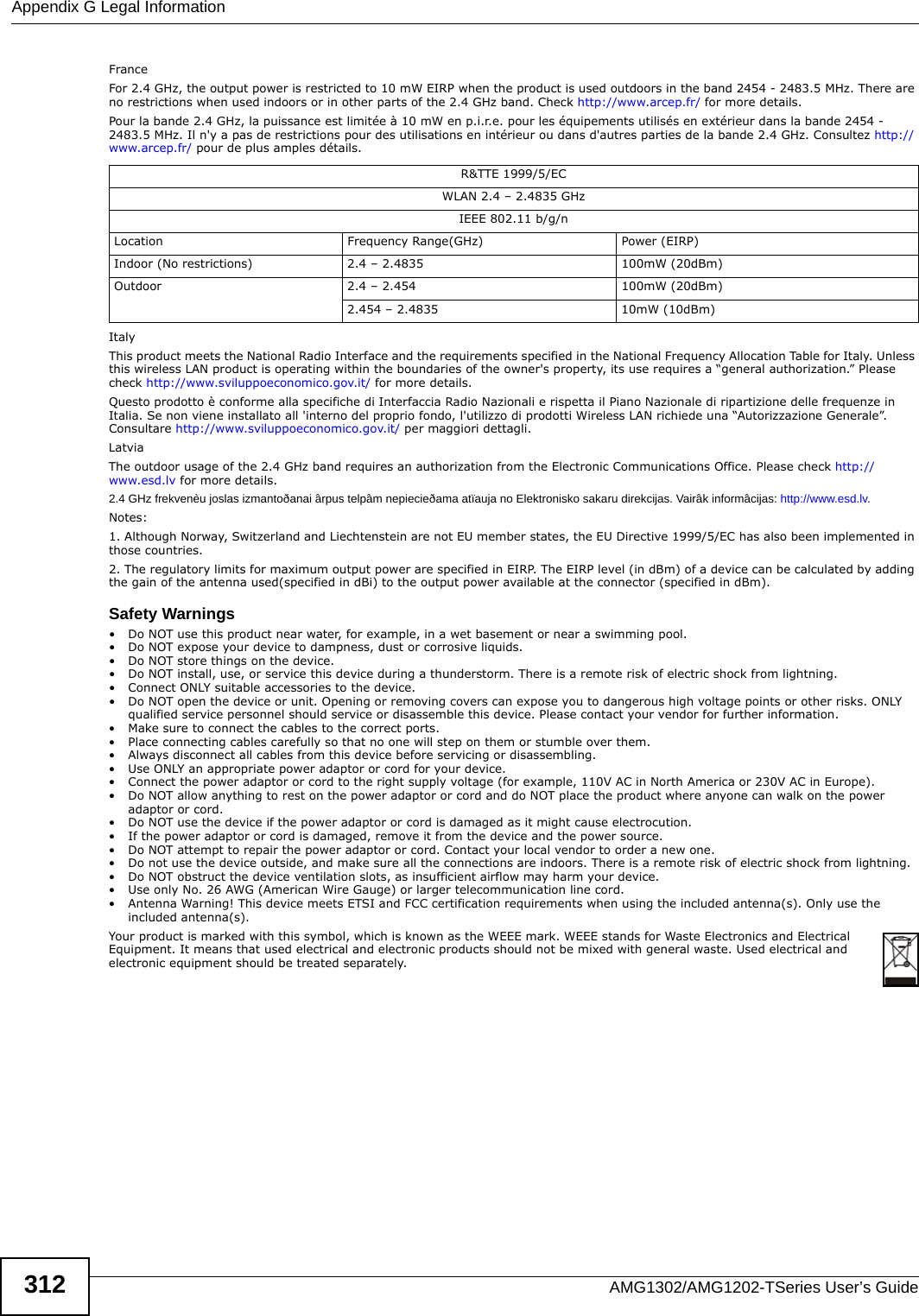 Appendix G Legal InformationAMG1302/AMG1202-TSeries User’s Guide312FranceFor 2.4 GHz, the output power is restricted to 10 mW EIRP when the product is used outdoors in the band 2454 - 2483.5 MHz. There are no restrictions when used indoors or in other parts of the 2.4 GHz band. Check http://www.arcep.fr/ for more details.Pour la bande 2.4 GHz, la puissance est limitée à 10 mW en p.i.r.e. pour les équipements utilisés en extérieur dans la bande 2454 - 2483.5 MHz. Il n&apos;y a pas de restrictions pour des utilisations en intérieur ou dans d&apos;autres parties de la bande 2.4 GHz. Consultez http://www.arcep.fr/ pour de plus amples détails.ItalyThis product meets the National Radio Interface and the requirements specified in the National Frequency Allocation Table for Italy. Unless this wireless LAN product is operating within the boundaries of the owner&apos;s property, its use requires a “general authorization.” Please check http://www.sviluppoeconomico.gov.it/ for more details.Questo prodotto è conforme alla specifiche di Interfaccia Radio Nazionali e rispetta il Piano Nazionale di ripartizione delle frequenze in Italia. Se non viene installato all &apos;interno del proprio fondo, l&apos;utilizzo di prodotti Wireless LAN richiede una “Autorizzazione Generale”. Consultare http://www.sviluppoeconomico.gov.it/ per maggiori dettagli.LatviaThe outdoor usage of the 2.4 GHz band requires an authorization from the Electronic Communications Office. Please check http://www.esd.lv for more details.2.4 GHz frekvenèu joslas izmantoðanai ârpus telpâm nepiecieðama atïauja no Elektronisko sakaru direkcijas. Vairâk informâcijas: http://www.esd.lv.Notes:1. Although Norway, Switzerland and Liechtenstein are not EU member states, the EU Directive 1999/5/EC has also been implemented in those countries.2. The regulatory limits for maximum output power are specified in EIRP. The EIRP level (in dBm) of a device can be calculated by adding the gain of the antenna used(specified in dBi) to the output power available at the connector (specified in dBm).Safety Warnings• Do NOT use this product near water, for example, in a wet basement or near a swimming pool.• Do NOT expose your device to dampness, dust or corrosive liquids.• Do NOT store things on the device.• Do NOT install, use, or service this device during a thunderstorm. There is a remote risk of electric shock from lightning.• Connect ONLY suitable accessories to the device.• Do NOT open the device or unit. Opening or removing covers can expose you to dangerous high voltage points or other risks. ONLY qualified service personnel should service or disassemble this device. Please contact your vendor for further information.• Make sure to connect the cables to the correct ports.• Place connecting cables carefully so that no one will step on them or stumble over them.• Always disconnect all cables from this device before servicing or disassembling.• Use ONLY an appropriate power adaptor or cord for your device.• Connect the power adaptor or cord to the right supply voltage (for example, 110V AC in North America or 230V AC in Europe).• Do NOT allow anything to rest on the power adaptor or cord and do NOT place the product where anyone can walk on the power adaptor or cord.• Do NOT use the device if the power adaptor or cord is damaged as it might cause electrocution.• If the power adaptor or cord is damaged, remove it from the device and the power source.• Do NOT attempt to repair the power adaptor or cord. Contact your local vendor to order a new one.• Do not use the device outside, and make sure all the connections are indoors. There is a remote risk of electric shock from lightning. • Do NOT obstruct the device ventilation slots, as insufficient airflow may harm your device. • Use only No. 26 AWG (American Wire Gauge) or larger telecommunication line cord.• Antenna Warning! This device meets ETSI and FCC certification requirements when using the included antenna(s). Only use the included antenna(s). Your product is marked with this symbol, which is known as the WEEE mark. WEEE stands for Waste Electronics and Electrical Equipment. It means that used electrical and electronic products should not be mixed with general waste. Used electrical and electronic equipment should be treated separately. R&amp;TTE 1999/5/ECWLAN 2.4 – 2.4835 GHzIEEE 802.11 b/g/nLocation Frequency Range(GHz) Power (EIRP)Indoor (No restrictions) 2.4 – 2.4835 100mW (20dBm)Outdoor 2.4 – 2.454 100mW (20dBm)2.454 – 2.4835 10mW (10dBm)