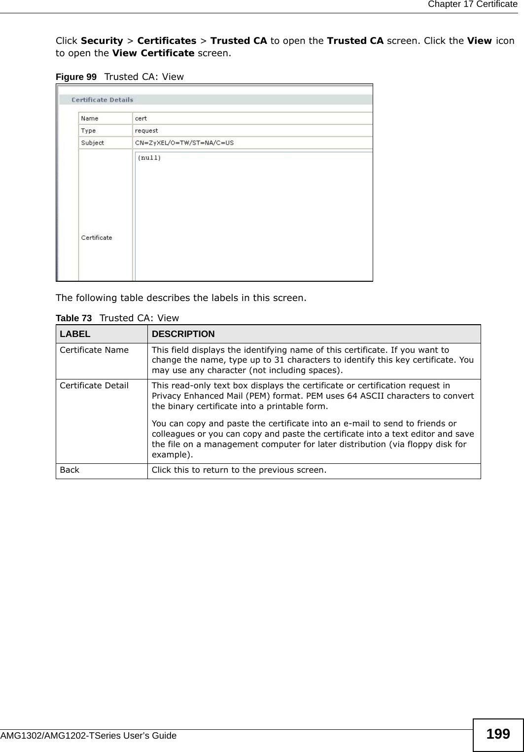  Chapter 17 CertificateAMG1302/AMG1202-TSeries User’s Guide 199Click Security &gt; Certificates &gt; Trusted CA to open the Trusted CA screen. Click the View icon to open the View Certificate screen. Figure 99   Trusted CA: ViewThe following table describes the labels in this screen. Table 73   Trusted CA: ViewLABEL DESCRIPTIONCertificate Name This field displays the identifying name of this certificate. If you want to change the name, type up to 31 characters to identify this key certificate. You may use any character (not including spaces).Certificate Detail This read-only text box displays the certificate or certification request in Privacy Enhanced Mail (PEM) format. PEM uses 64 ASCII characters to convert the binary certificate into a printable form.You can copy and paste the certificate into an e-mail to send to friends or colleagues or you can copy and paste the certificate into a text editor and save the file on a management computer for later distribution (via floppy disk for example).Back Click this to return to the previous screen.