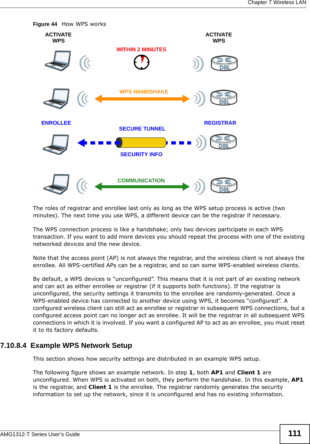  Chapter 7 Wireless LANAMG1312-T Series User’s Guide 111Figure 44   How WPS worksThe roles of registrar and enrollee last only as long as the WPS setup process is active (two minutes). The next time you use WPS, a different device can be the registrar if necessary.The WPS connection process is like a handshake; only two devices participate in each WPS transaction. If you want to add more devices you should repeat the process with one of the existing networked devices and the new device.Note that the access point (AP) is not always the registrar, and the wireless client is not always the enrollee. All WPS-certified APs can be a registrar, and so can some WPS-enabled wireless clients.By default, a WPS devices is “unconfigured”. This means that it is not part of an existing network and can act as either enrollee or registrar (if it supports both functions). If the registrar is unconfigured, the security settings it transmits to the enrollee are randomly-generated. Once a WPS-enabled device has connected to another device using WPS, it becomes “configured”. A configured wireless client can still act as enrollee or registrar in subsequent WPS connections, but a configured access point can no longer act as enrollee. It will be the registrar in all subsequent WPS connections in which it is involved. If you want a configured AP to act as an enrollee, you must reset it to its factory defaults.7.10.8.4  Example WPS Network SetupThis section shows how security settings are distributed in an example WPS setup.The following figure shows an example network. In step 1, both AP1 and Client 1 are unconfigured. When WPS is activated on both, they perform the handshake. In this example, AP1 is the registrar, and Client 1 is the enrollee. The registrar randomly generates the security information to set up the network, since it is unconfigured and has no existing information.SECURE TUNNELSECURITY INFOWITHIN 2 MINUTESCOMMUNICATIONACTIVATEWPSACTIVATEWPSWPS HANDSHAKEREGISTRARENROLLEE
