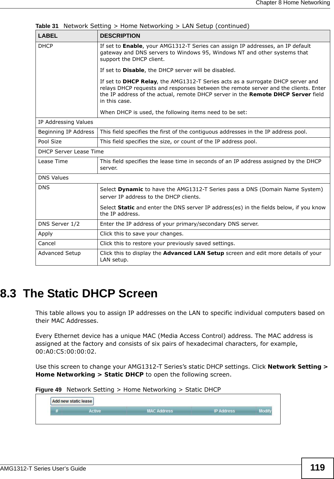  Chapter 8 Home NetworkingAMG1312-T Series User’s Guide 1198.3  The Static DHCP ScreenThis table allows you to assign IP addresses on the LAN to specific individual computers based on their MAC Addresses. Every Ethernet device has a unique MAC (Media Access Control) address. The MAC address is assigned at the factory and consists of six pairs of hexadecimal characters, for example, 00:A0:C5:00:00:02.Use this screen to change your AMG1312-T Series’s static DHCP settings. Click Network Setting &gt; Home Networking &gt; Static DHCP to open the following screen.Figure 49   Network Setting &gt; Home Networking &gt; Static DHCP DHCP If set to Enable, your AMG1312-T Series can assign IP addresses, an IP default gateway and DNS servers to Windows 95, Windows NT and other systems that support the DHCP client.If set to Disable, the DHCP server will be disabled. If set to DHCP Relay, the AMG1312-T Series acts as a surrogate DHCP server and relays DHCP requests and responses between the remote server and the clients. Enter the IP address of the actual, remote DHCP server in the Remote DHCP Server field in this case. When DHCP is used, the following items need to be set: IP Addressing ValuesBeginning IP Address This field specifies the first of the contiguous addresses in the IP address pool.Pool Size This field specifies the size, or count of the IP address pool.DHCP Server Lease TimeLease Time This field specifies the lease time in seconds of an IP address assigned by the DHCP server.DNS ValuesDNS Select Dynamic to have the AMG1312-T Series pass a DNS (Domain Name System) server IP address to the DHCP clients.Select Static and enter the DNS server IP address(es) in the fields below, if you know the IP address.DNS Server 1/2 Enter the IP address of your primary/secondary DNS server.Apply Click this to save your changes.Cancel Click this to restore your previously saved settings.Advanced Setup Click this to display the Advanced LAN Setup screen and edit more details of your LAN setup.Table 31   Network Setting &gt; Home Networking &gt; LAN Setup (continued)LABEL DESCRIPTION