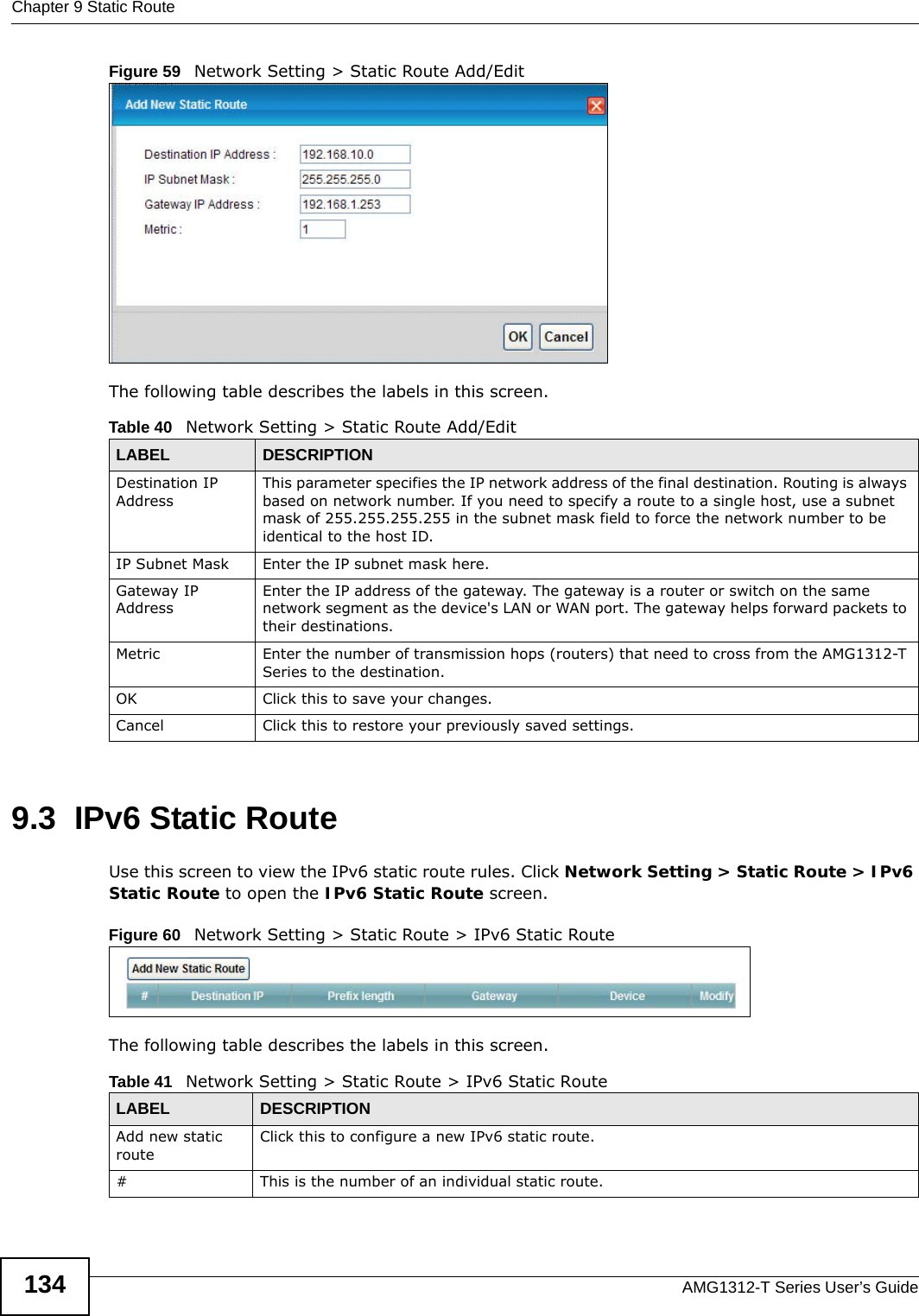 Chapter 9 Static RouteAMG1312-T Series User’s Guide134Figure 59   Network Setting &gt; Static Route Add/EditThe following table describes the labels in this screen. 9.3  IPv6 Static RouteUse this screen to view the IPv6 static route rules. Click Network Setting &gt; Static Route &gt; IPv6 Static Route to open the IPv6 Static Route screen.Figure 60   Network Setting &gt; Static Route &gt; IPv6 Static RouteThe following table describes the labels in this screen. Table 40   Network Setting &gt; Static Route Add/EditLABEL DESCRIPTIONDestination IP AddressThis parameter specifies the IP network address of the final destination. Routing is always based on network number. If you need to specify a route to a single host, use a subnet mask of 255.255.255.255 in the subnet mask field to force the network number to be identical to the host ID.IP Subnet Mask  Enter the IP subnet mask here.Gateway IP AddressEnter the IP address of the gateway. The gateway is a router or switch on the same network segment as the device&apos;s LAN or WAN port. The gateway helps forward packets to their destinations.Metric Enter the number of transmission hops (routers) that need to cross from the AMG1312-T Series to the destination.OK Click this to save your changes.Cancel Click this to restore your previously saved settings.Table 41   Network Setting &gt; Static Route &gt; IPv6 Static RouteLABEL DESCRIPTIONAdd new static routeClick this to configure a new IPv6 static route.#This is the number of an individual static route.