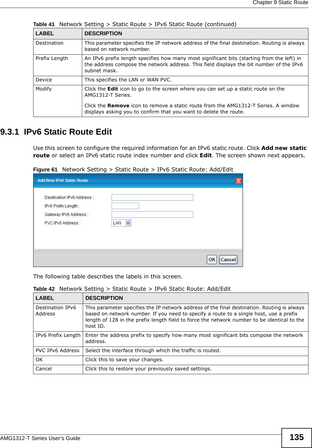  Chapter 9 Static RouteAMG1312-T Series User’s Guide 1359.3.1  IPv6 Static Route Edit   Use this screen to configure the required information for an IPv6 static route. Click Add new static route or select an IPv6 static route index number and click Edit. The screen shown next appears.Figure 61   Network Setting &gt; Static Route &gt; IPv6 Static Route: Add/EditThe following table describes the labels in this screen. Destination This parameter specifies the IP network address of the final destination. Routing is always based on network number. Prefix Length An IPv6 prefix length specifies how many most significant bits (starting from the left) in the address compose the network address. This field displays the bit number of the IPv6 subnet mask.Device This specifies the LAN or WAN PVC.Modify Click the Edit icon to go to the screen where you can set up a static route on the AMG1312-T Series.Click the Remove icon to remove a static route from the AMG1312-T Series. A window displays asking you to confirm that you want to delete the route. Table 41   Network Setting &gt; Static Route &gt; IPv6 Static Route (continued)LABEL DESCRIPTIONTable 42   Network Setting &gt; Static Route &gt; IPv6 Static Route: Add/EditLABEL DESCRIPTIONDestination IPv6 AddressThis parameter specifies the IP network address of the final destination. Routing is always based on network number. If you need to specify a route to a single host, use a prefix length of 128 in the prefix length field to force the network number to be identical to the host ID.IPv6 Prefix Length Enter the address prefix to specify how many most significant bits compose the network address.PVC IPv6 Address Select the interface through which the traffic is routed.OK Click this to save your changes.Cancel Click this to restore your previously saved settings.