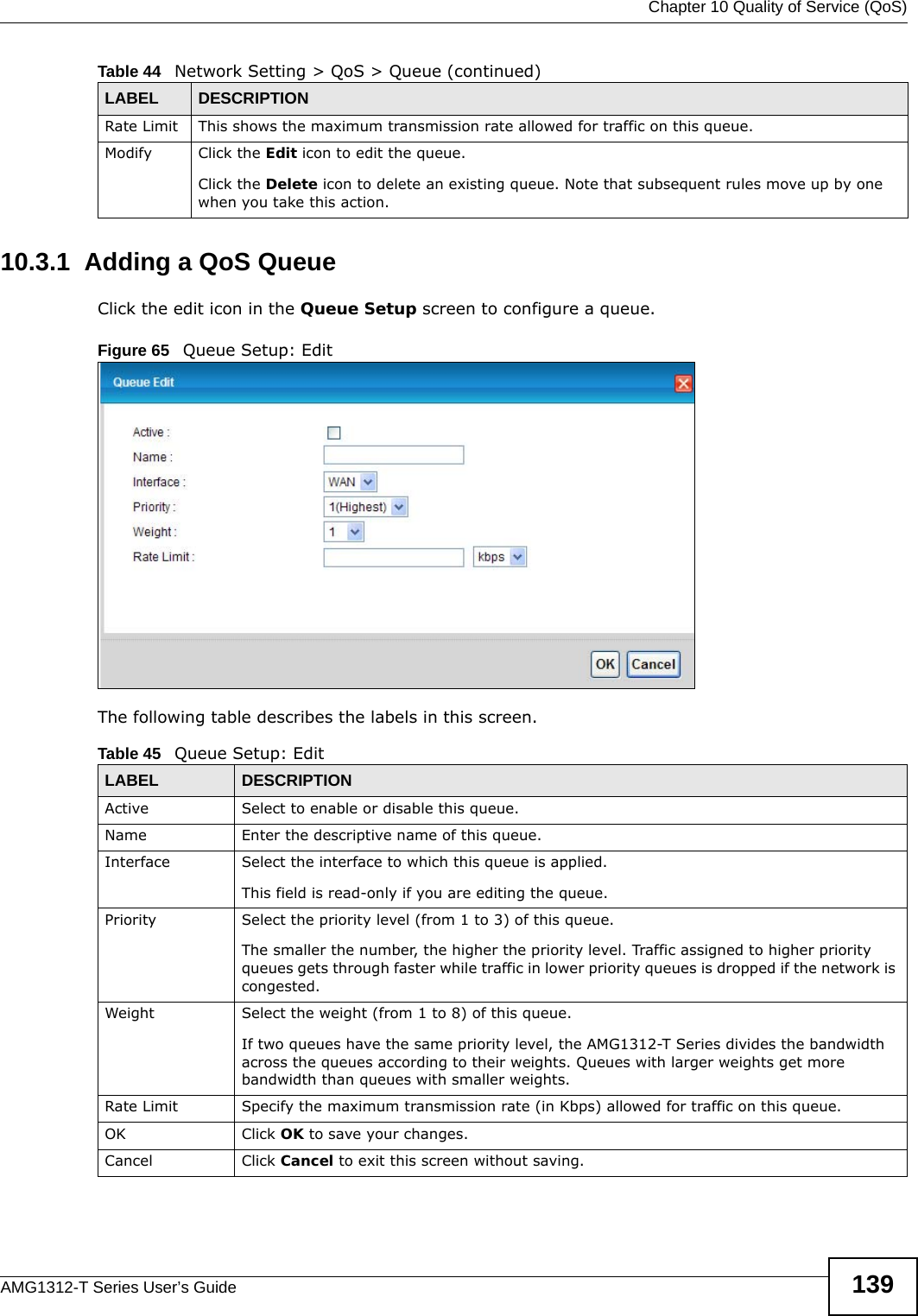  Chapter 10 Quality of Service (QoS)AMG1312-T Series User’s Guide 13910.3.1  Adding a QoS Queue Click the edit icon in the Queue Setup screen to configure a queue. Figure 65   Queue Setup: Edit The following table describes the labels in this screen.  Rate Limit This shows the maximum transmission rate allowed for traffic on this queue.Modify Click the Edit icon to edit the queue.Click the Delete icon to delete an existing queue. Note that subsequent rules move up by one when you take this action.Table 44   Network Setting &gt; QoS &gt; Queue (continued)LABEL DESCRIPTIONTable 45   Queue Setup: EditLABEL DESCRIPTIONActive Select to enable or disable this queue.Name Enter the descriptive name of this queue.Interface Select the interface to which this queue is applied.This field is read-only if you are editing the queue.Priority Select the priority level (from 1 to 3) of this queue.The smaller the number, the higher the priority level. Traffic assigned to higher priority queues gets through faster while traffic in lower priority queues is dropped if the network is congested.Weight Select the weight (from 1 to 8) of this queue. If two queues have the same priority level, the AMG1312-T Series divides the bandwidth across the queues according to their weights. Queues with larger weights get more bandwidth than queues with smaller weights.Rate Limit Specify the maximum transmission rate (in Kbps) allowed for traffic on this queue.OK Click OK to save your changes.Cancel Click Cancel to exit this screen without saving.