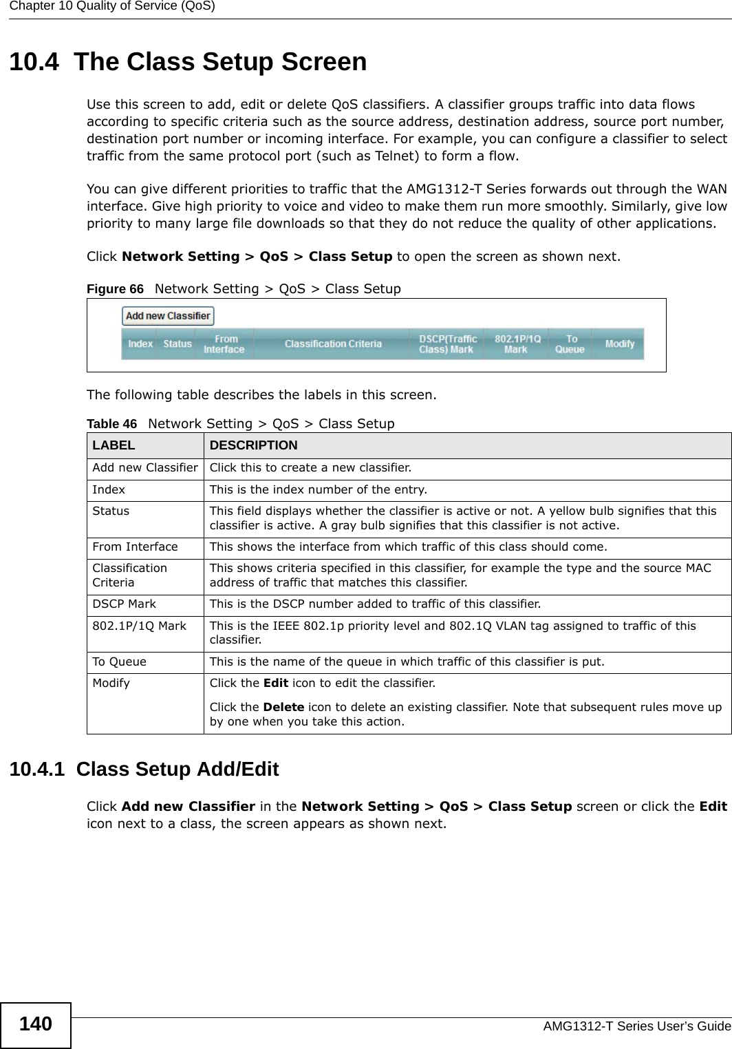 Chapter 10 Quality of Service (QoS)AMG1312-T Series User’s Guide14010.4  The Class Setup Screen Use this screen to add, edit or delete QoS classifiers. A classifier groups traffic into data flows according to specific criteria such as the source address, destination address, source port number, destination port number or incoming interface. For example, you can configure a classifier to select traffic from the same protocol port (such as Telnet) to form a flow.You can give different priorities to traffic that the AMG1312-T Series forwards out through the WAN interface. Give high priority to voice and video to make them run more smoothly. Similarly, give low priority to many large file downloads so that they do not reduce the quality of other applications. Click Network Setting &gt; QoS &gt; Class Setup to open the screen as shown next.Figure 66   Network Setting &gt; QoS &gt; Class SetupThe following table describes the labels in this screen. 10.4.1  Class Setup Add/EditClick Add new Classifier in the Network Setting &gt; QoS &gt; Class Setup screen or click the Edit icon next to a class, the screen appears as shown next.Table 46   Network Setting &gt; QoS &gt; Class SetupLABEL DESCRIPTIONAdd new Classifier Click this to create a new classifier.Index This is the index number of the entry.Status This field displays whether the classifier is active or not. A yellow bulb signifies that this classifier is active. A gray bulb signifies that this classifier is not active.From Interface This shows the interface from which traffic of this class should come.Classification CriteriaThis shows criteria specified in this classifier, for example the type and the source MAC address of traffic that matches this classifier.DSCP Mark This is the DSCP number added to traffic of this classifier.802.1P/1Q Mark This is the IEEE 802.1p priority level and 802.1Q VLAN tag assigned to traffic of this classifier.To Queue This is the name of the queue in which traffic of this classifier is put.Modify Click the Edit icon to edit the classifier.Click the Delete icon to delete an existing classifier. Note that subsequent rules move up by one when you take this action.