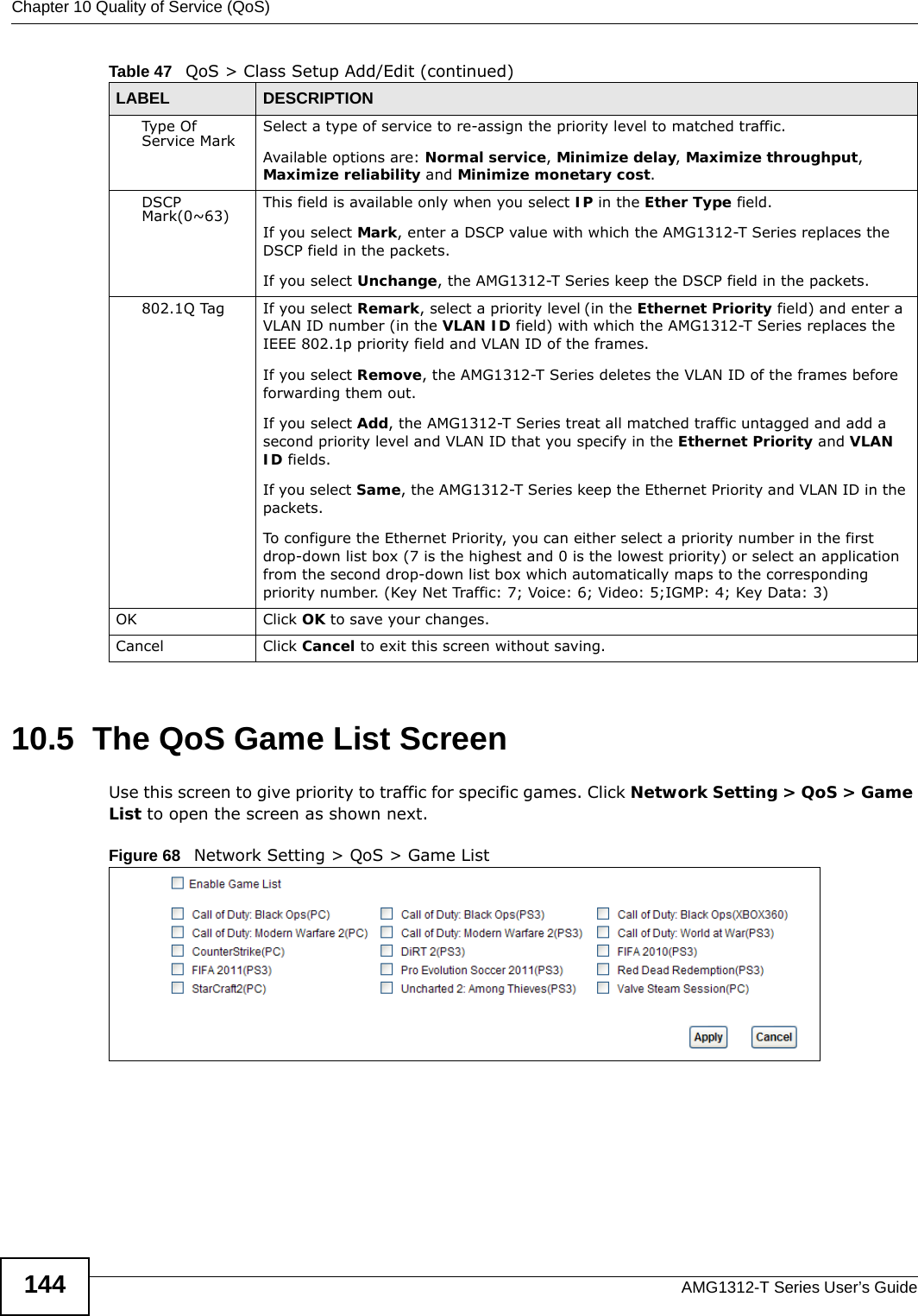 Chapter 10 Quality of Service (QoS)AMG1312-T Series User’s Guide14410.5  The QoS Game List Screen Use this screen to give priority to traffic for specific games. Click Network Setting &gt; QoS &gt; Game List to open the screen as shown next.Figure 68   Network Setting &gt; QoS &gt; Game ListType Of Service Mark Select a type of service to re-assign the priority level to matched traffic.Available options are: Normal service, Minimize delay, Maximize throughput, Maximize reliability and Minimize monetary cost.DSCP Mark(0~63) This field is available only when you select IP in the Ether Type field.If you select Mark, enter a DSCP value with which the AMG1312-T Series replaces the DSCP field in the packets.If you select Unchange, the AMG1312-T Series keep the DSCP field in the packets.802.1Q Tag If you select Remark, select a priority level (in the Ethernet Priority field) and enter a VLAN ID number (in the VLAN ID field) with which the AMG1312-T Series replaces the IEEE 802.1p priority field and VLAN ID of the frames.If you select Remove, the AMG1312-T Series deletes the VLAN ID of the frames before forwarding them out.If you select Add, the AMG1312-T Series treat all matched traffic untagged and add a second priority level and VLAN ID that you specify in the Ethernet Priority and VLAN ID fields.If you select Same, the AMG1312-T Series keep the Ethernet Priority and VLAN ID in the packets.To configure the Ethernet Priority, you can either select a priority number in the first drop-down list box (7 is the highest and 0 is the lowest priority) or select an application from the second drop-down list box which automatically maps to the corresponding priority number. (Key Net Traffic: 7; Voice: 6; Video: 5;IGMP: 4; Key Data: 3)OK Click OK to save your changes.Cancel Click Cancel to exit this screen without saving.Table 47   QoS &gt; Class Setup Add/Edit (continued)LABEL DESCRIPTION