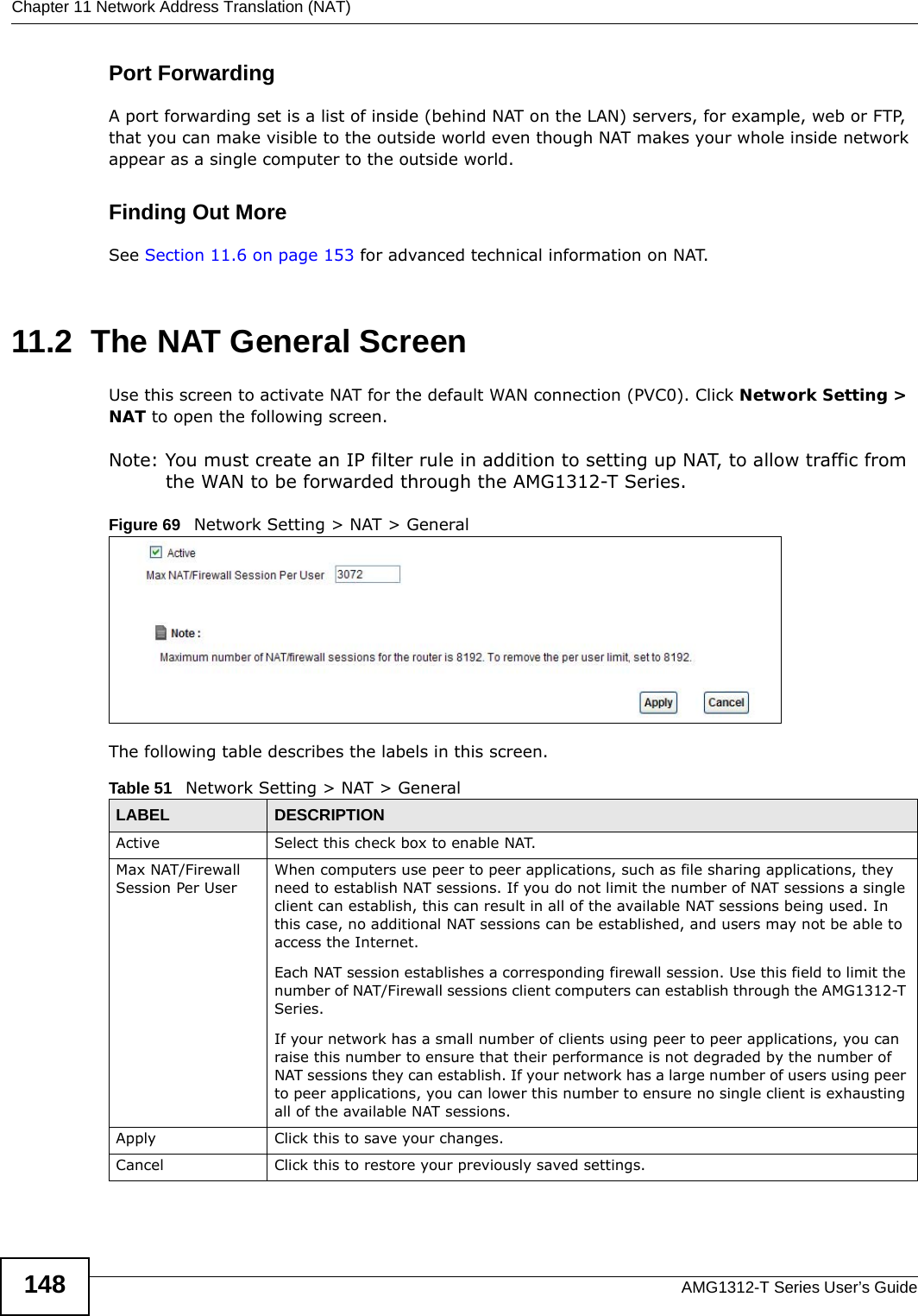 Chapter 11 Network Address Translation (NAT)AMG1312-T Series User’s Guide148Port ForwardingA port forwarding set is a list of inside (behind NAT on the LAN) servers, for example, web or FTP, that you can make visible to the outside world even though NAT makes your whole inside network appear as a single computer to the outside world.Finding Out MoreSee Section 11.6 on page 153 for advanced technical information on NAT.11.2  The NAT General ScreenUse this screen to activate NAT for the default WAN connection (PVC0). Click Network Setting &gt; NAT to open the following screen.Note: You must create an IP filter rule in addition to setting up NAT, to allow traffic from the WAN to be forwarded through the AMG1312-T Series.Figure 69   Network Setting &gt; NAT &gt; GeneralThe following table describes the labels in this screen.Table 51   Network Setting &gt; NAT &gt; GeneralLABEL DESCRIPTIONActive Select this check box to enable NAT.Max NAT/Firewall Session Per UserWhen computers use peer to peer applications, such as file sharing applications, they need to establish NAT sessions. If you do not limit the number of NAT sessions a single client can establish, this can result in all of the available NAT sessions being used. In this case, no additional NAT sessions can be established, and users may not be able to access the Internet.Each NAT session establishes a corresponding firewall session. Use this field to limit the number of NAT/Firewall sessions client computers can establish through the AMG1312-T Series.If your network has a small number of clients using peer to peer applications, you can raise this number to ensure that their performance is not degraded by the number of NAT sessions they can establish. If your network has a large number of users using peer to peer applications, you can lower this number to ensure no single client is exhausting all of the available NAT sessions.Apply Click this to save your changes.Cancel Click this to restore your previously saved settings.