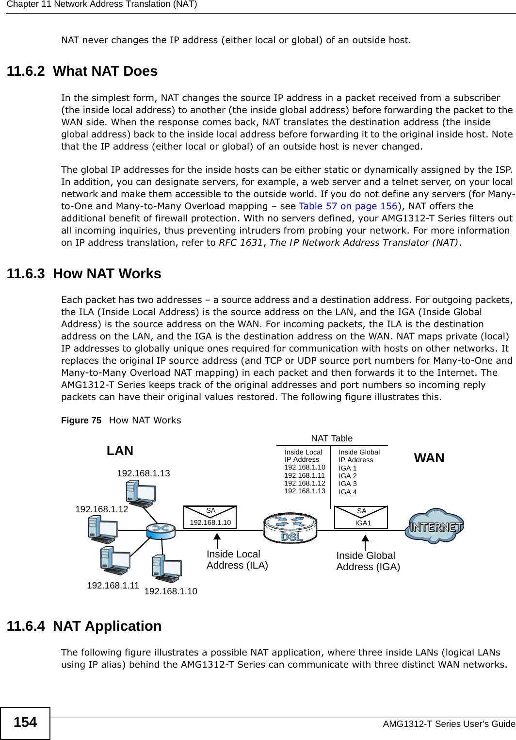 Chapter 11 Network Address Translation (NAT)AMG1312-T Series User’s Guide154NAT never changes the IP address (either local or global) of an outside host.11.6.2  What NAT DoesIn the simplest form, NAT changes the source IP address in a packet received from a subscriber (the inside local address) to another (the inside global address) before forwarding the packet to the WAN side. When the response comes back, NAT translates the destination address (the inside global address) back to the inside local address before forwarding it to the original inside host. Note that the IP address (either local or global) of an outside host is never changed.The global IP addresses for the inside hosts can be either static or dynamically assigned by the ISP. In addition, you can designate servers, for example, a web server and a telnet server, on your local network and make them accessible to the outside world. If you do not define any servers (for Many-to-One and Many-to-Many Overload mapping – see Table 57 on page 156), NAT offers the additional benefit of firewall protection. With no servers defined, your AMG1312-T Series filters out all incoming inquiries, thus preventing intruders from probing your network. For more information on IP address translation, refer to RFC 1631, The IP Network Address Translator (NAT).11.6.3  How NAT WorksEach packet has two addresses – a source address and a destination address. For outgoing packets, the ILA (Inside Local Address) is the source address on the LAN, and the IGA (Inside Global Address) is the source address on the WAN. For incoming packets, the ILA is the destination address on the LAN, and the IGA is the destination address on the WAN. NAT maps private (local) IP addresses to globally unique ones required for communication with hosts on other networks. It replaces the original IP source address (and TCP or UDP source port numbers for Many-to-One and Many-to-Many Overload NAT mapping) in each packet and then forwards it to the Internet. The AMG1312-T Series keeps track of the original addresses and port numbers so incoming reply packets can have their original values restored. The following figure illustrates this.Figure 75   How NAT Works11.6.4  NAT ApplicationThe following figure illustrates a possible NAT application, where three inside LANs (logical LANs using IP alias) behind the AMG1312-T Series can communicate with three distinct WAN networks.192.168.1.13192.168.1.10192.168.1.11192.168.1.12 SA192.168.1.10SAIGA1Inside LocalIP Address192.168.1.10192.168.1.11192.168.1.12192.168.1.13Inside Global IP AddressIGA 1IGA 2IGA 3IGA 4NAT TableWANLANInside LocalAddress (ILA) Inside GlobalAddress (IGA)
