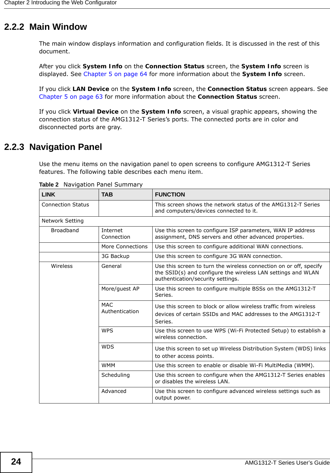 Chapter 2 Introducing the Web ConfiguratorAMG1312-T Series User’s Guide242.2.2  Main WindowThe main window displays information and configuration fields. It is discussed in the rest of this document.After you click System Info on the Connection Status screen, the System Info screen is displayed. See Chapter 5 on page 64 for more information about the System Info screen.If you click LAN Device on the System Info screen, the Connection Status screen appears. See Chapter 5 on page 63 for more information about the Connection Status screen.If you click Virtual Device on the System Info screen, a visual graphic appears, showing the connection status of the AMG1312-T Series’s ports. The connected ports are in color and disconnected ports are gray.2.2.3  Navigation PanelUse the menu items on the navigation panel to open screens to configure AMG1312-T Series features. The following table describes each menu item.Table 2   Navigation Panel SummaryLINK TAB FUNCTIONConnection Status This screen shows the network status of the AMG1312-T Series and computers/devices connected to it.Network SettingBroadband Internet ConnectionUse this screen to configure ISP parameters, WAN IP address assignment, DNS servers and other advanced properties.More Connections Use this screen to configure additional WAN connections.3G Backup Use this screen to configure 3G WAN connection.Wireless General Use this screen to turn the wireless connection on or off, specify the SSID(s) and configure the wireless LAN settings and WLAN authentication/security settings.More/guest AP Use this screen to configure multiple BSSs on the AMG1312-T Series.MAC Authentication Use this screen to block or allow wireless traffic from wireless devices of certain SSIDs and MAC addresses to the AMG1312-T Series.WPS Use this screen to use WPS (Wi-Fi Protected Setup) to establish a wireless connection.WDS Use this screen to set up Wireless Distribution System (WDS) links to other access points.WMM Use this screen to enable or disable Wi-Fi MultiMedia (WMM).Scheduling Use this screen to configure when the AMG1312-T Series enables or disables the wireless LAN.Advanced Use this screen to configure advanced wireless settings such as output power.