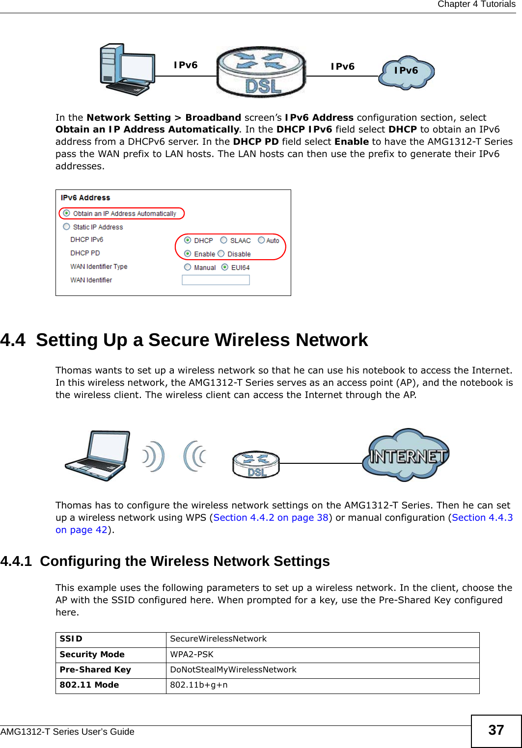  Chapter 4 TutorialsAMG1312-T Series User’s Guide 37In the Network Setting &gt; Broadband screen’s IPv6 Address configuration section, select Obtain an IP Address Automatically. In the DHCP IPv6 field select DHCP to obtain an IPv6 address from a DHCPv6 server. In the DHCP PD field select Enable to have the AMG1312-T Series pass the WAN prefix to LAN hosts. The LAN hosts can then use the prefix to generate their IPv6 addresses.4.4  Setting Up a Secure Wireless NetworkThomas wants to set up a wireless network so that he can use his notebook to access the Internet. In this wireless network, the AMG1312-T Series serves as an access point (AP), and the notebook is the wireless client. The wireless client can access the Internet through the AP.Thomas has to configure the wireless network settings on the AMG1312-T Series. Then he can set up a wireless network using WPS (Section 4.4.2 on page 38) or manual configuration (Section 4.4.3 on page 42).4.4.1  Configuring the Wireless Network SettingsThis example uses the following parameters to set up a wireless network. In the client, choose the AP with the SSID configured here. When prompted for a key, use the Pre-Shared Key configured here.IPv6IPv6IPv6SSID SecureWirelessNetworkSecurity Mode WPA2-PSKPre-Shared Key DoNotStealMyWirelessNetwork802.11 Mode 802.11b+g+n