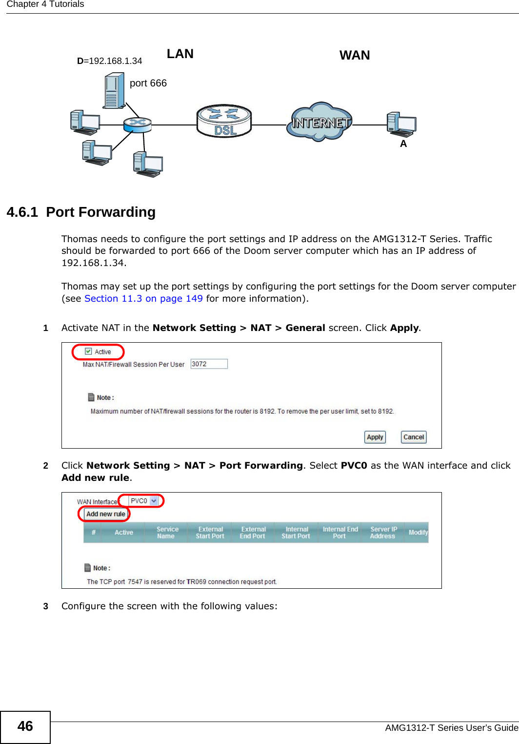 Chapter 4 TutorialsAMG1312-T Series User’s Guide46Tutorial: NAT Port Forwarding Setup 4.6.1  Port ForwardingThomas needs to configure the port settings and IP address on the AMG1312-T Series. Traffic should be forwarded to port 666 of the Doom server computer which has an IP address of 192.168.1.34.Thomas may set up the port settings by configuring the port settings for the Doom server computer (see Section 11.3 on page 149 for more information).1Activate NAT in the Network Setting &gt; NAT &gt; General screen. Click Apply.2Click Network Setting &gt; NAT &gt; Port Forwarding. Select PVC0 as the WAN interface and click Add new rule.3Configure the screen with the following values:D=192.168.1.34 WANLANport 666A