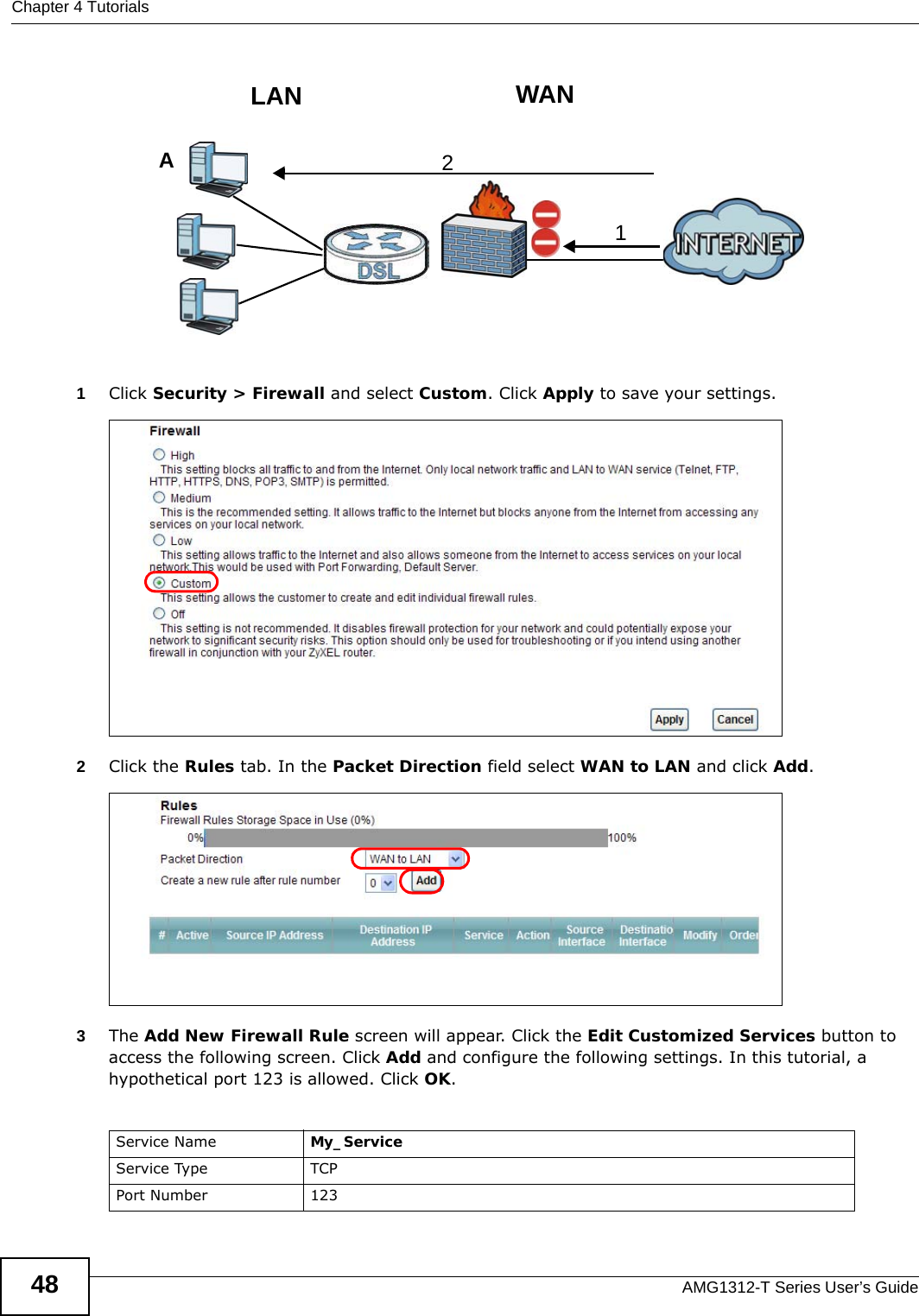 Chapter 4 TutorialsAMG1312-T Series User’s Guide48Tutorial: NAT Port Forwarding Setup 1Click Security &gt; Firewall and select Custom. Click Apply to save your settings.Tutorial: Advanced &gt; QoS 2Click the Rules tab. In the Packet Direction field select WAN to LAN and click Add.Tutorial: Advanced &gt; QoS &gt; Queue Setup3The Add New Firewall Rule screen will appear. Click the Edit Customized Services button to access the following screen. Click Add and configure the following settings. In this tutorial, a hypothetical port 123 is allowed. Click OK.WANLAN12AService Name My_Service Service Type TCPPort Number 123