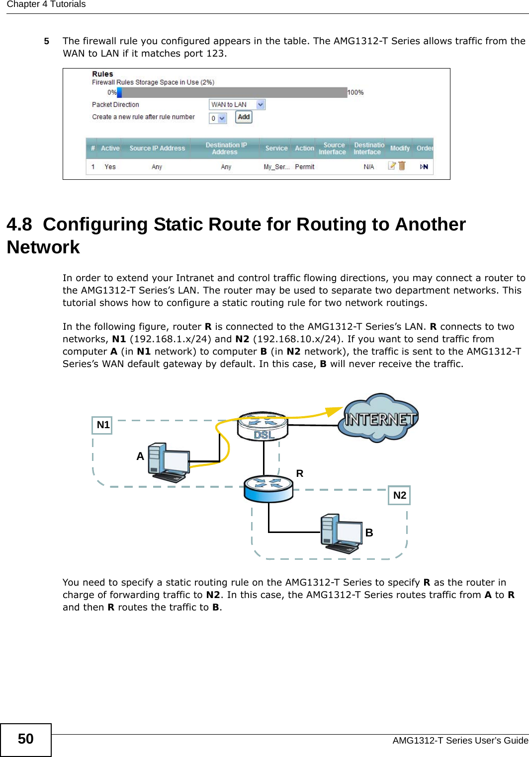 Chapter 4 TutorialsAMG1312-T Series User’s Guide505The firewall rule you configured appears in the table. The AMG1312-T Series allows traffic from the WAN to LAN if it matches port 123. 4.8  Configuring Static Route for Routing to Another NetworkIn order to extend your Intranet and control traffic flowing directions, you may connect a router to the AMG1312-T Series’s LAN. The router may be used to separate two department networks. This tutorial shows how to configure a static routing rule for two network routings.In the following figure, router R is connected to the AMG1312-T Series’s LAN. R connects to two networks, N1 (192.168.1.x/24) and N2 (192.168.10.x/24). If you want to send traffic from computer A (in N1 network) to computer B (in N2 network), the traffic is sent to the AMG1312-T Series’s WAN default gateway by default. In this case, B will never receive the traffic.You need to specify a static routing rule on the AMG1312-T Series to specify R as the router in charge of forwarding traffic to N2. In this case, the AMG1312-T Series routes traffic from A to R and then R routes the traffic to B.N2BN1AR
