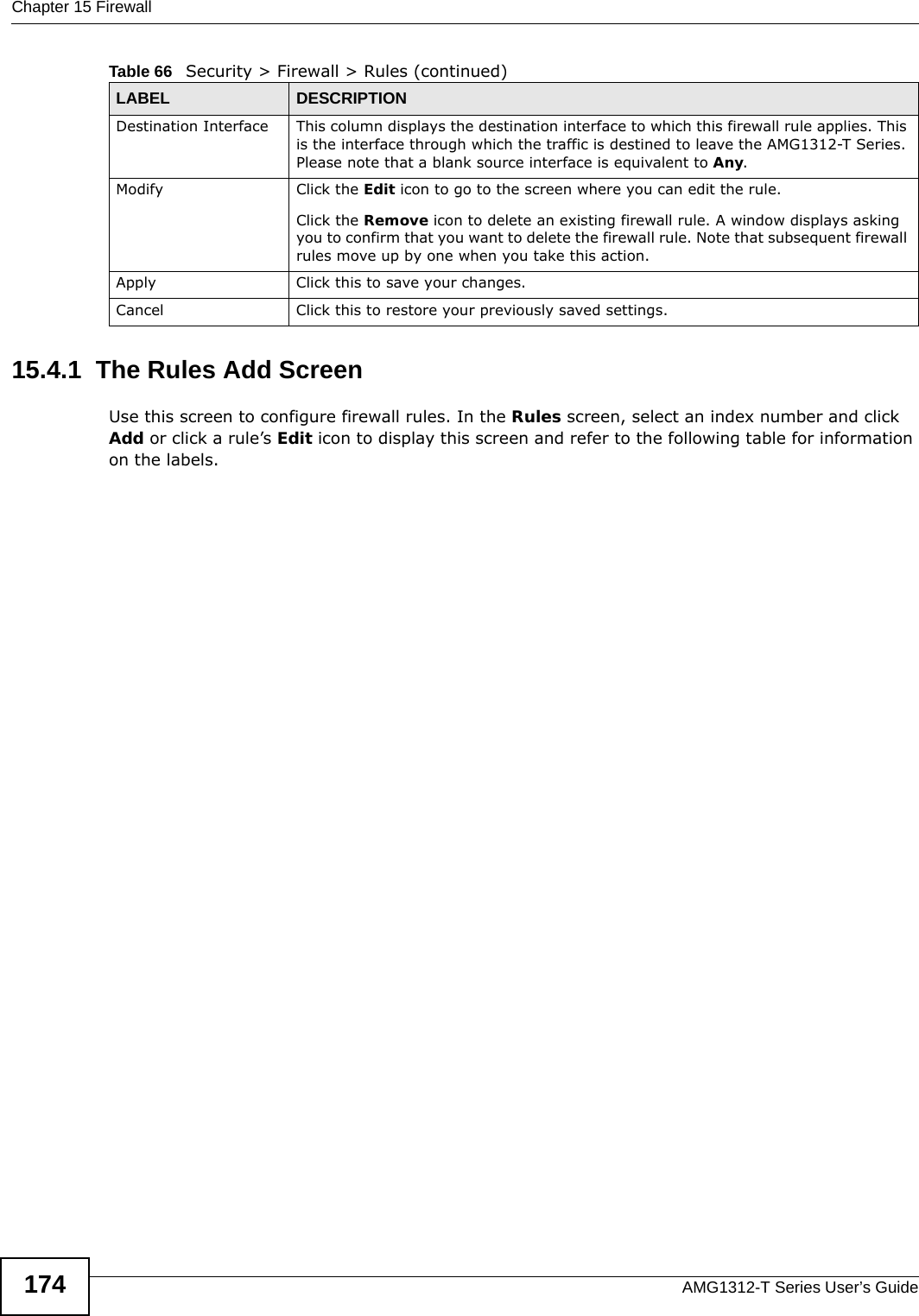 Chapter 15 FirewallAMG1312-T Series User’s Guide17415.4.1  The Rules Add ScreenUse this screen to configure firewall rules. In the Rules screen, select an index number and click Add or click a rule’s Edit icon to display this screen and refer to the following table for information on the labels.Destination Interface This column displays the destination interface to which this firewall rule applies. This is the interface through which the traffic is destined to leave the AMG1312-T Series. Please note that a blank source interface is equivalent to Any.Modify Click the Edit icon to go to the screen where you can edit the rule.Click the Remove icon to delete an existing firewall rule. A window displays asking you to confirm that you want to delete the firewall rule. Note that subsequent firewall rules move up by one when you take this action.Apply Click this to save your changes.Cancel Click this to restore your previously saved settings.Table 66   Security &gt; Firewall &gt; Rules (continued)LABEL DESCRIPTION