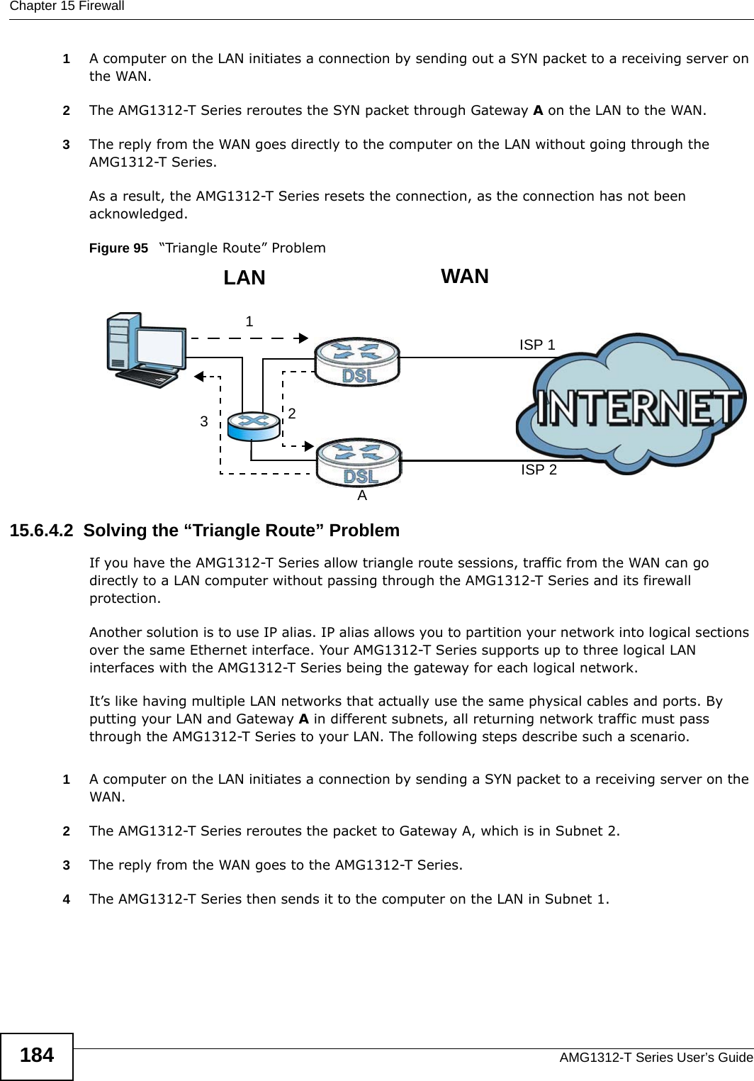 Chapter 15 FirewallAMG1312-T Series User’s Guide1841A computer on the LAN initiates a connection by sending out a SYN packet to a receiving server on the WAN.2The AMG1312-T Series reroutes the SYN packet through Gateway A on the LAN to the WAN. 3The reply from the WAN goes directly to the computer on the LAN without going through the AMG1312-T Series. As a result, the AMG1312-T Series resets the connection, as the connection has not been acknowledged.Figure 95   “Triangle Route” Problem15.6.4.2  Solving the “Triangle Route” ProblemIf you have the AMG1312-T Series allow triangle route sessions, traffic from the WAN can go directly to a LAN computer without passing through the AMG1312-T Series and its firewall protection. Another solution is to use IP alias. IP alias allows you to partition your network into logical sections over the same Ethernet interface. Your AMG1312-T Series supports up to three logical LAN interfaces with the AMG1312-T Series being the gateway for each logical network. It’s like having multiple LAN networks that actually use the same physical cables and ports. By putting your LAN and Gateway A in different subnets, all returning network traffic must pass through the AMG1312-T Series to your LAN. The following steps describe such a scenario.1A computer on the LAN initiates a connection by sending a SYN packet to a receiving server on the WAN. 2The AMG1312-T Series reroutes the packet to Gateway A, which is in Subnet 2. 3The reply from the WAN goes to the AMG1312-T Series. 4The AMG1312-T Series then sends it to the computer on the LAN in Subnet 1.123WANLANAISP 1ISP 2